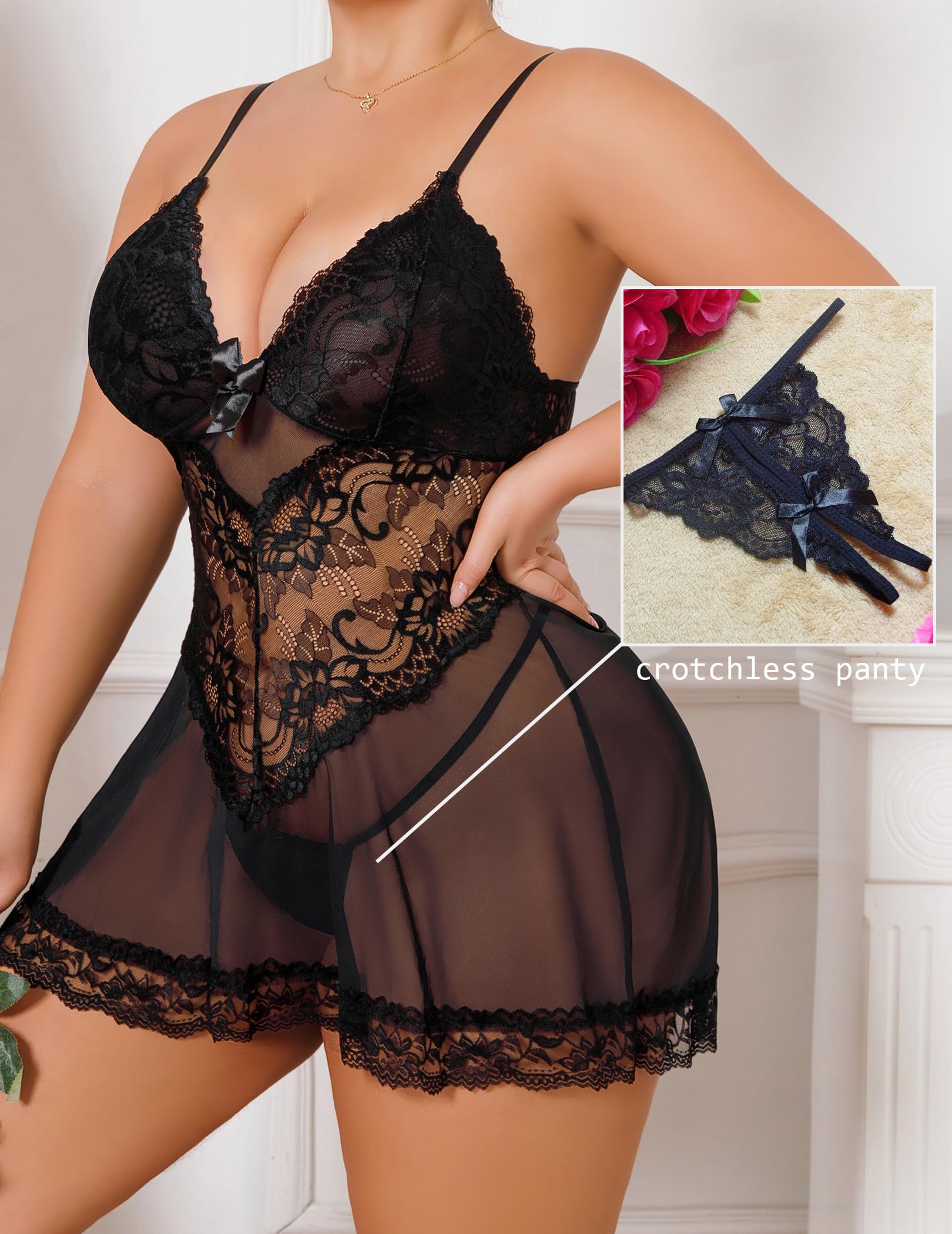Alrovetoney Women Plus Size Babydoll Lingerie Lace Chemise Mesh Sleepwear Strappy Sexy Nightgown Boudoir Outfit L-4XL: Black Large