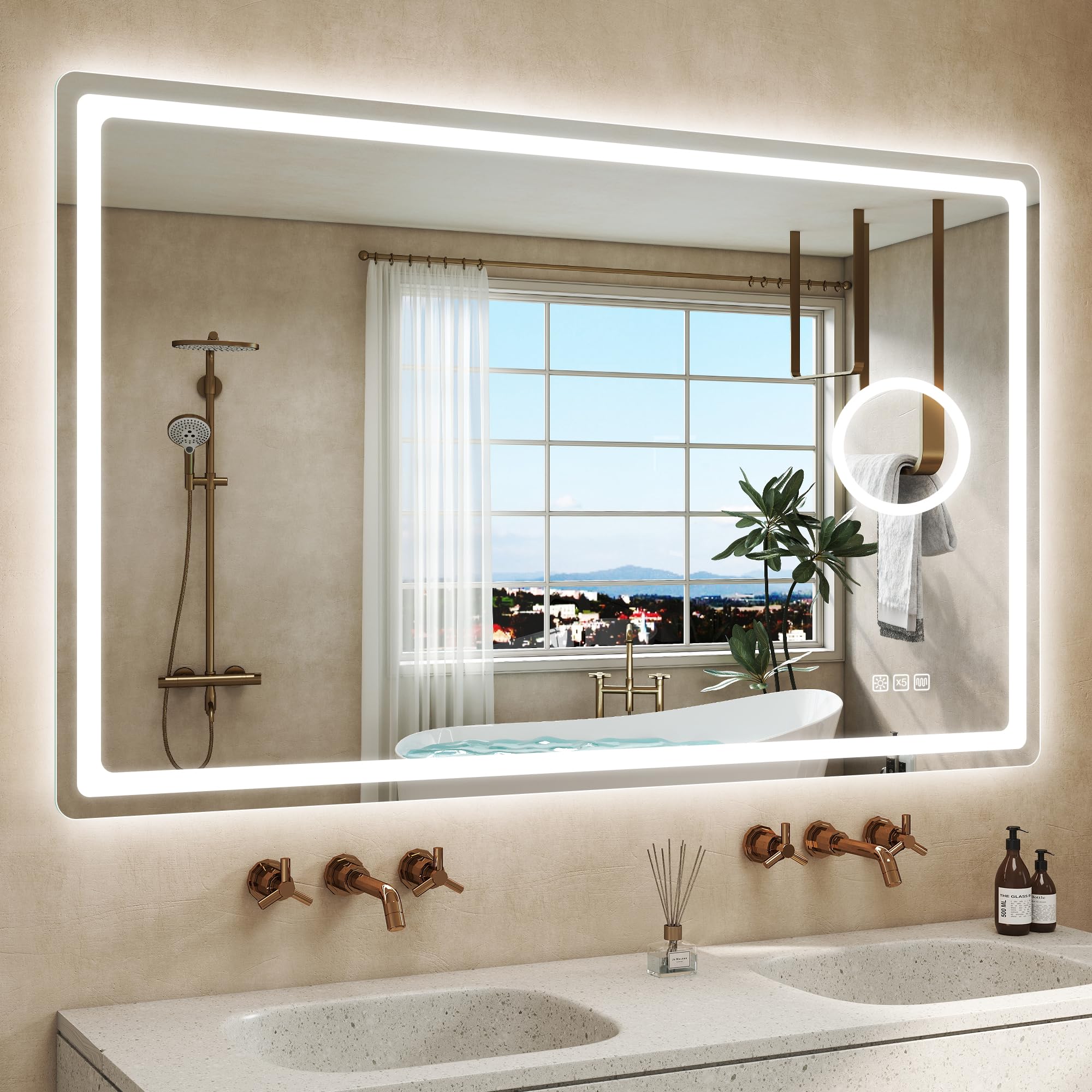 STARLEAD 70x120cm Espejo Baño con Luz LED, Aumento 5X y Antivaho | Regulable, 3 Colores 3000K-6500K, Memoria, IP44, Vidrio Templado, CRI>90, Control Táctil, Montaje en Pared