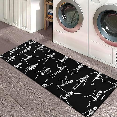 Miniatura 2 de Alfombra de corredor de Feliz Halloween, alfombra de suelo de esqueleto para lavandería, corredor negro con parte trasera de goma, alfombra