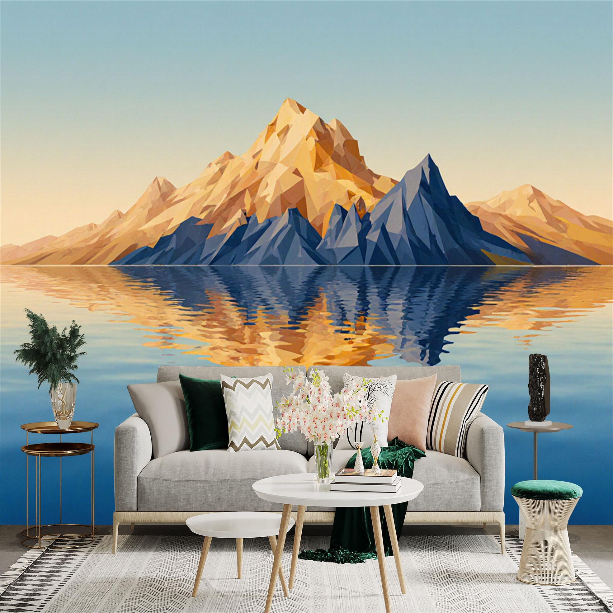 Custom Size Wall Sticker Mural， Geometric Mountain Landscape with Lake Reflection and Sunrise Sky， for wall Decoration， peelandstick wall Decals.