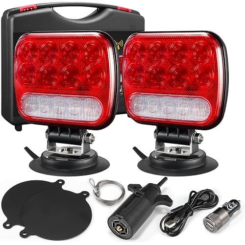 Partsam Wireless LED Trailer Light Kit Magnetic Towing Tail Light Portable Universal Stop Turn Running Backup Reverse Red+Clear Lens w/ 7-Pin Plug Dual USB Cable Charger for Trucks Trailers 12-24V