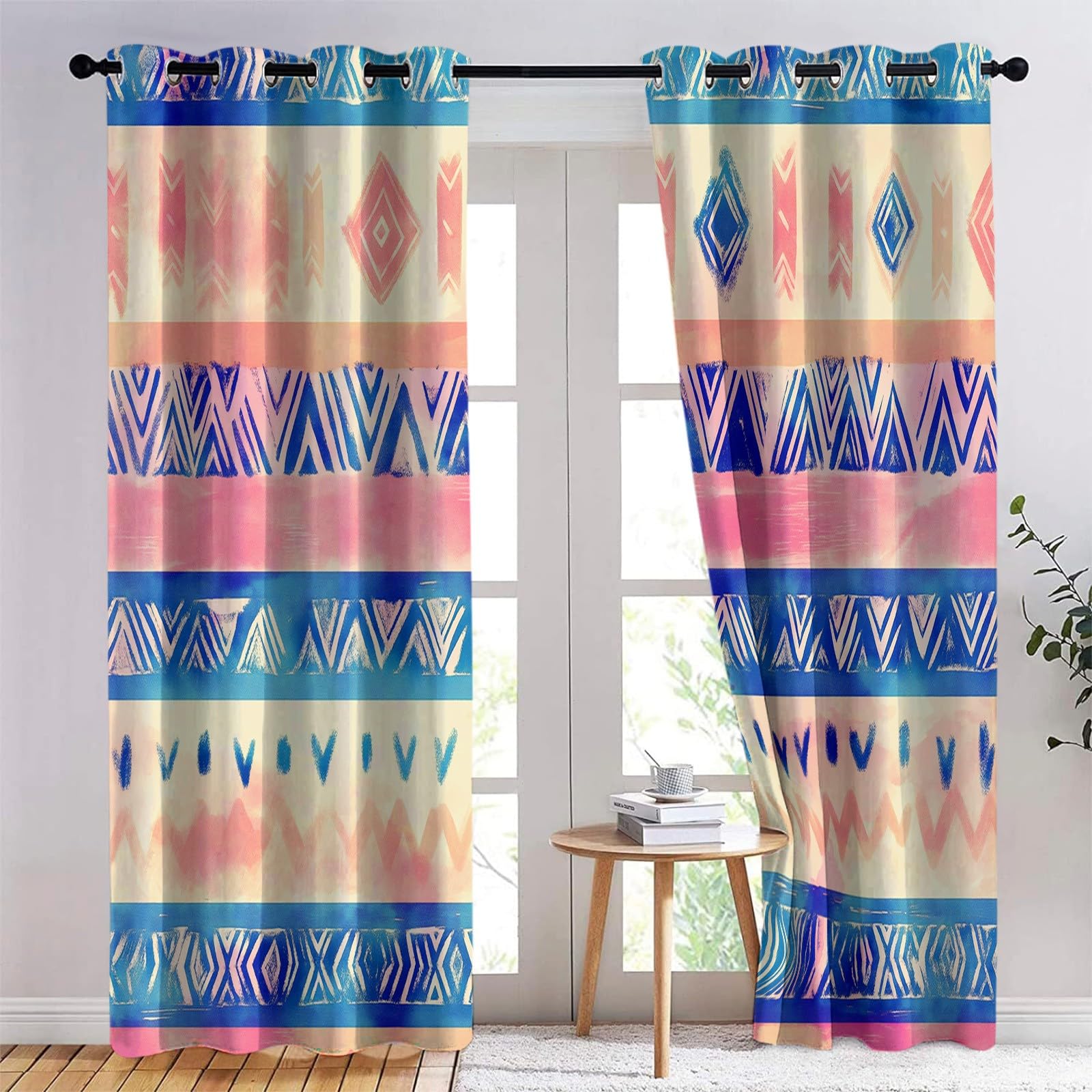 Izolowana termicznie zasłona zaciemniająca z oczkami 220 x 215 cm Bohemian Geometryczne wzory plemienne Anty Hałas Dekoracja zasłony do sypialni salonu, beżowa