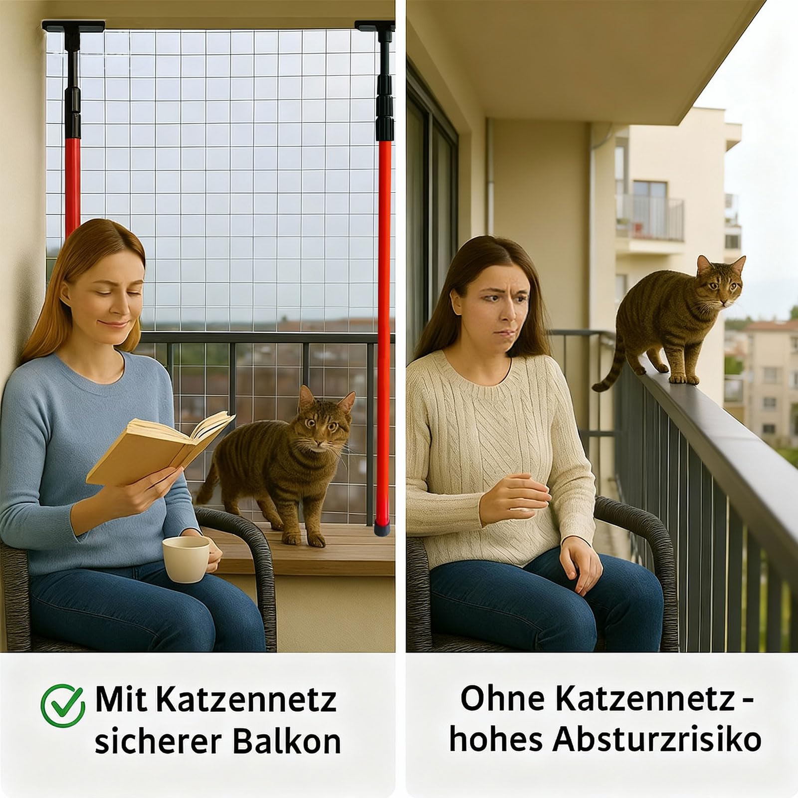 Katzennetz für Balkon mit Stangen – Ohne Bohren montierbar, Aluminium Teleskopstangen 120–300 cm, Sicherer Katzenschutz & stabile Befestigung
