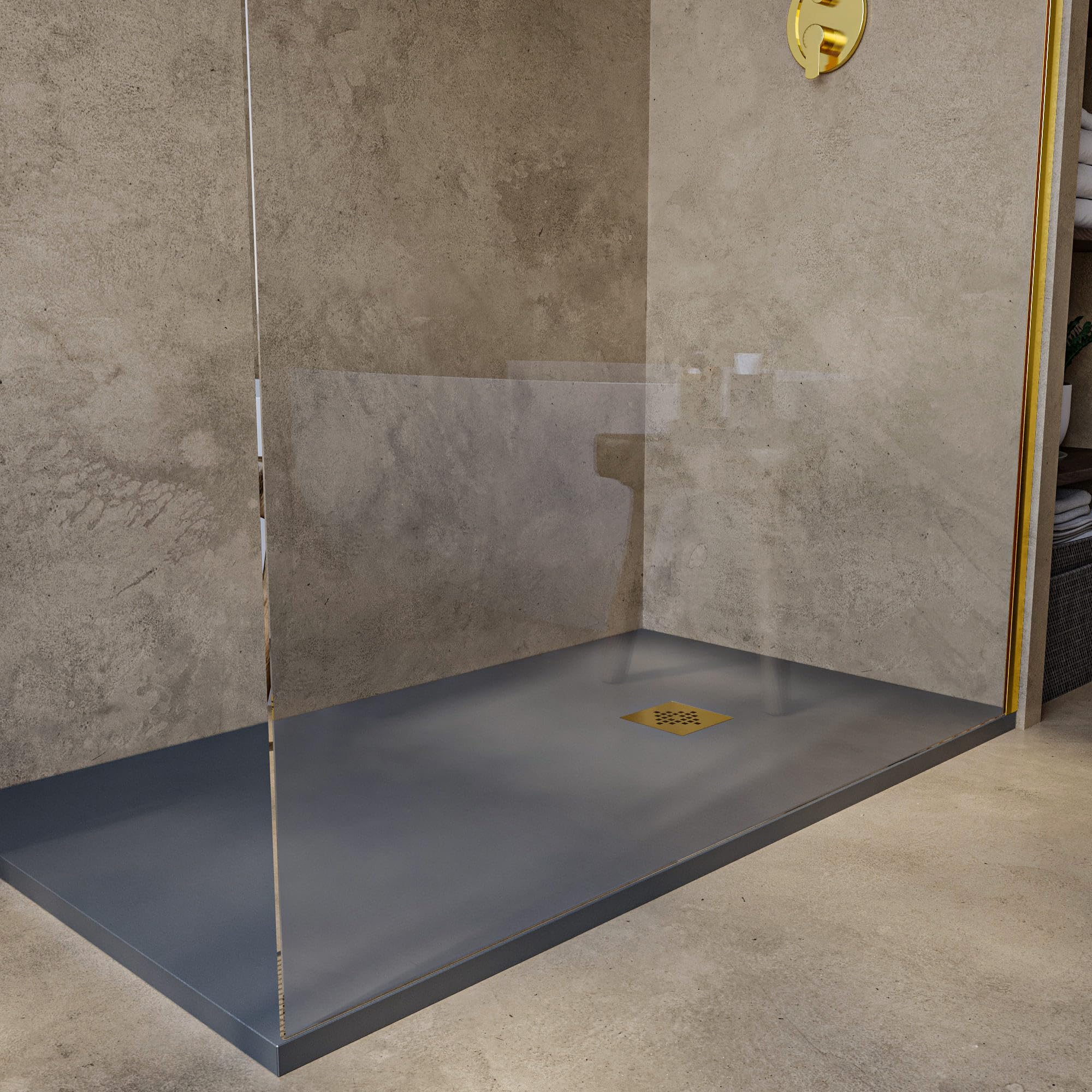 SoulHome Plato de Ducha Resina 210x90 Cemento - Rejilla Dorada | Antideslizante C3, Extraplano, Resina y carga mineral, Textura Liso Piedra, Antibacteriano, Gel-coat, Incluye válvula desagüe