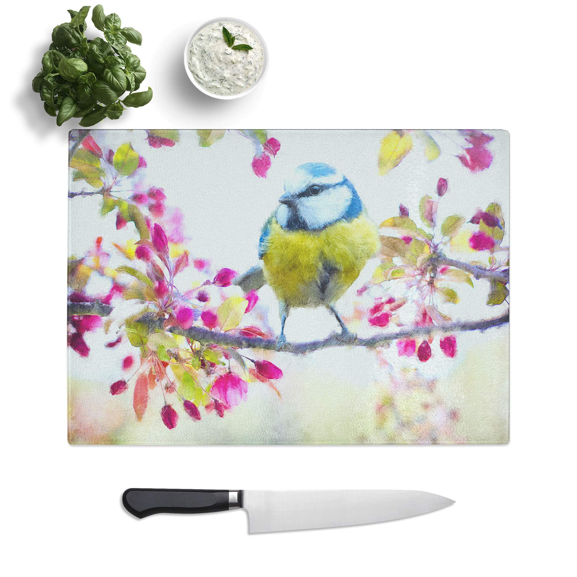 Glass Chopping Board - Blue Tit Bird in Spring Painting - Textured Worktop Saver Cutting Board - Heat Resistant, Shatterproof and Hygenic - 39 x 28.5 cm