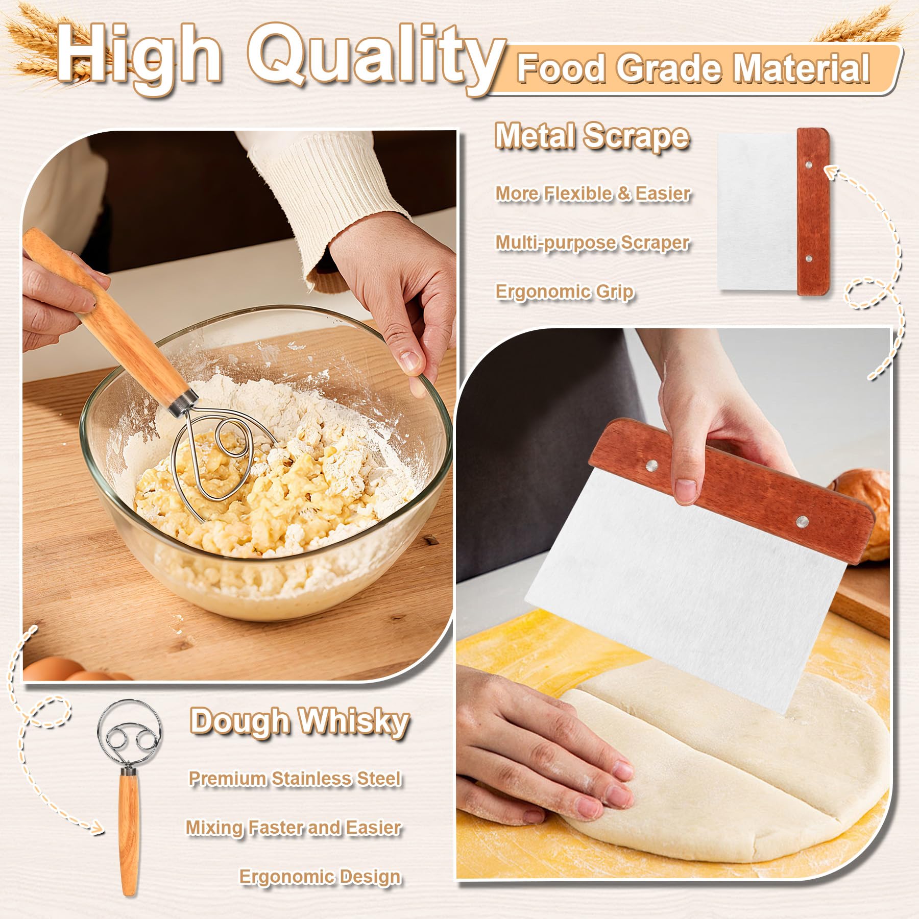 10 Pièces Banneton pour Pain, Panier à Pain Rond 23 cm & Ovale 25 cm avec Grattoir, Mélangeur et Lame, Idéal pour Banneton, Panier à Pain et Levain Maison