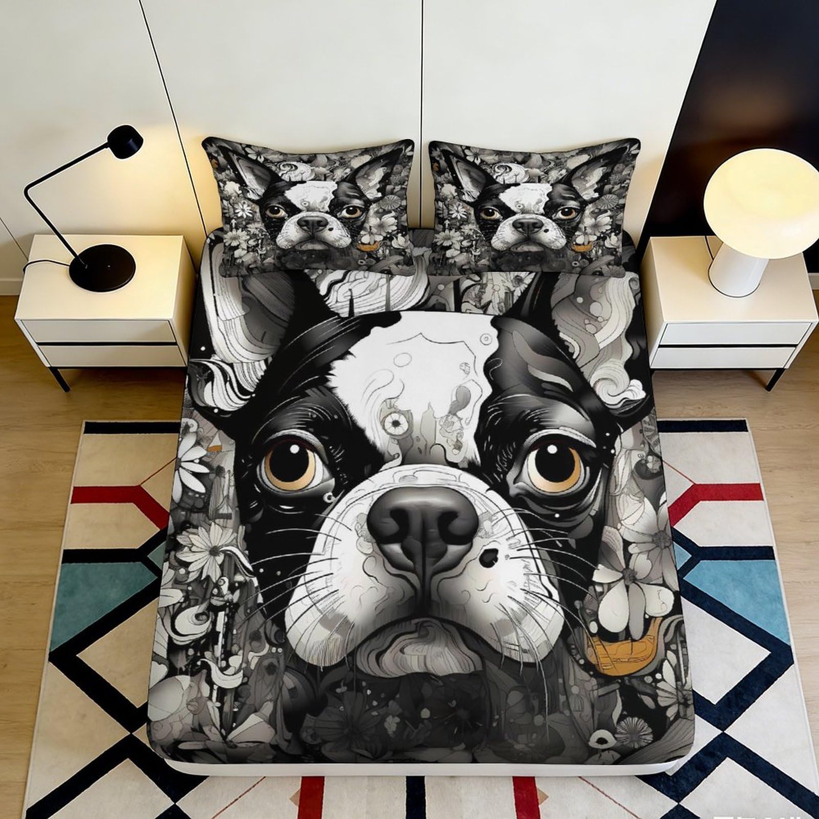 3D Printed Boston Terrier Fitted Sheet Microfiber Soft Decorative Dog Art Bed Cover for Bedroom Dorm Mattress Protection 90x200x25cm