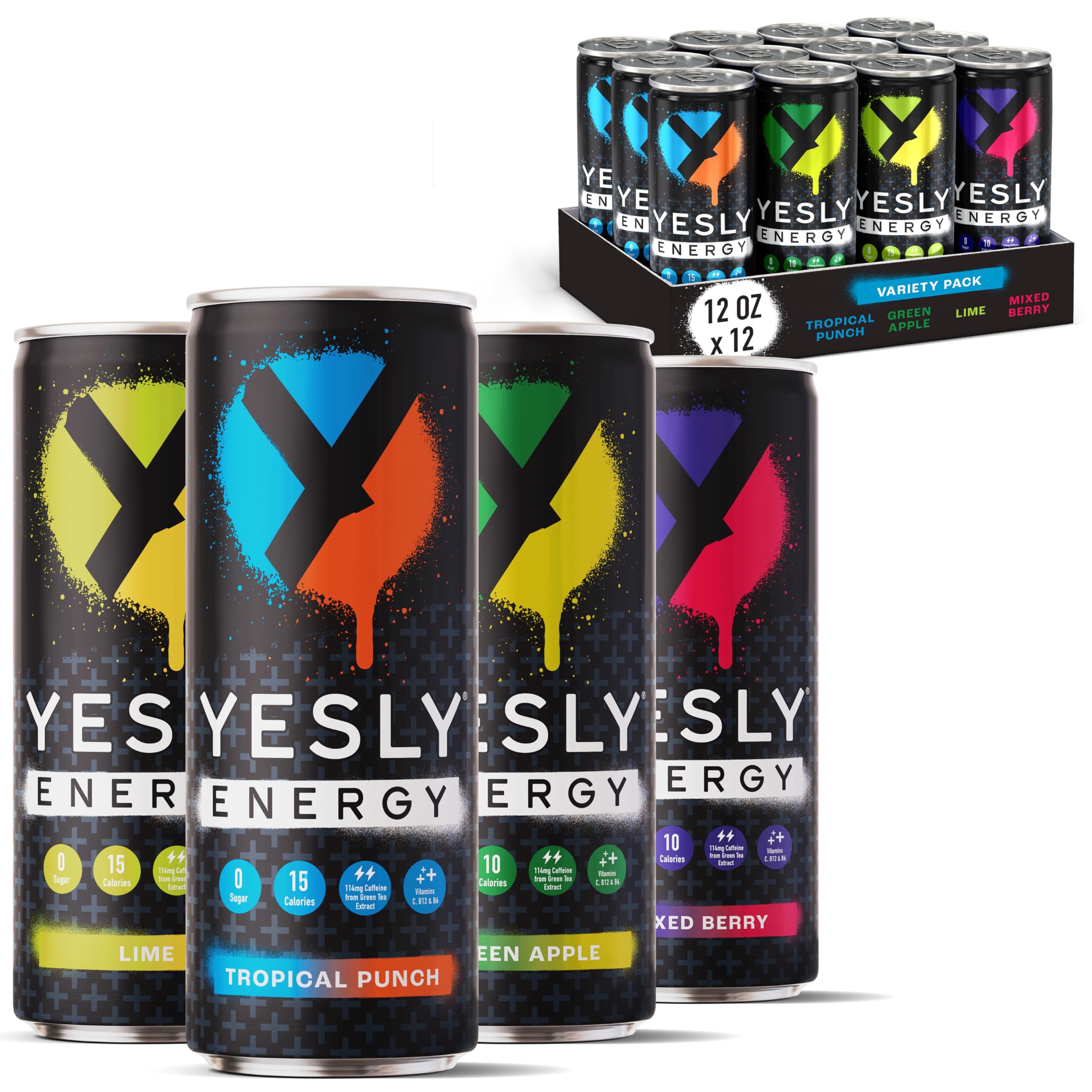 Yesly Energy Drink, Variety Pack, Naturally Flavored Sparkling Energy Drink With Electrolytes, Magnesium, Potassium, Vitamin C, B6 & B12, Natural Caffeine From Green Tea, 12 Fl Oz Cans, 12 Pack