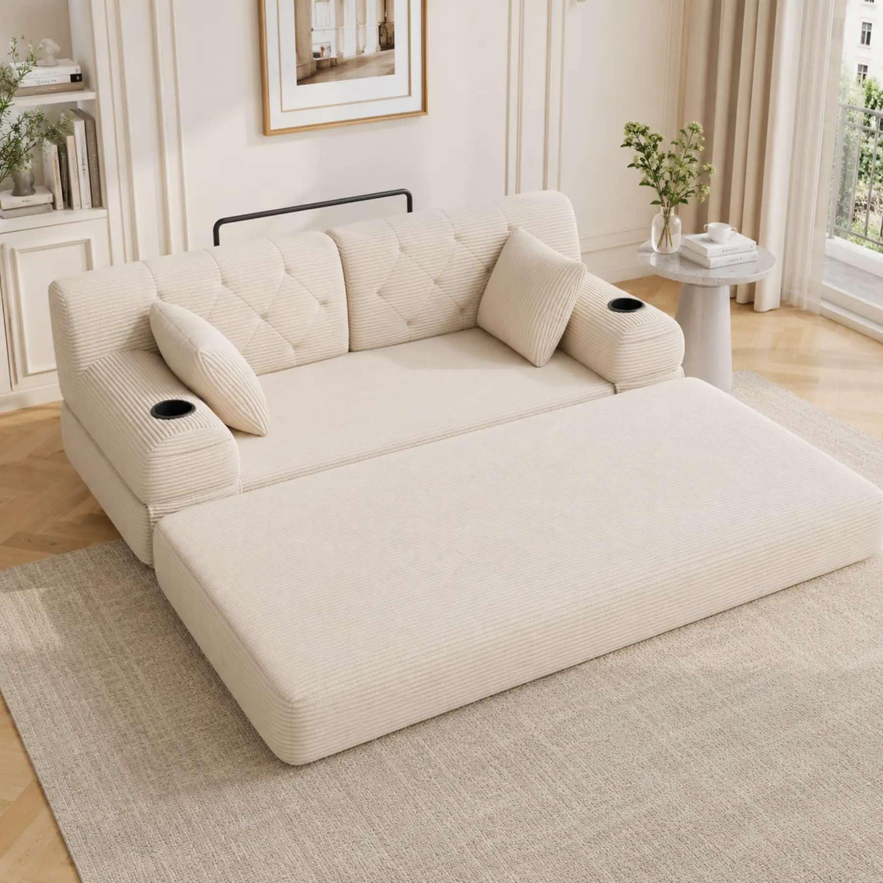 YEHTOKHOME - Sofá de Velor acanalado con respaldo alto y estructura metálica, sofá moderno de 2 plazas con 2 portavasos y 4 bolsillos laterales, para salón, dormitorio (Beige)