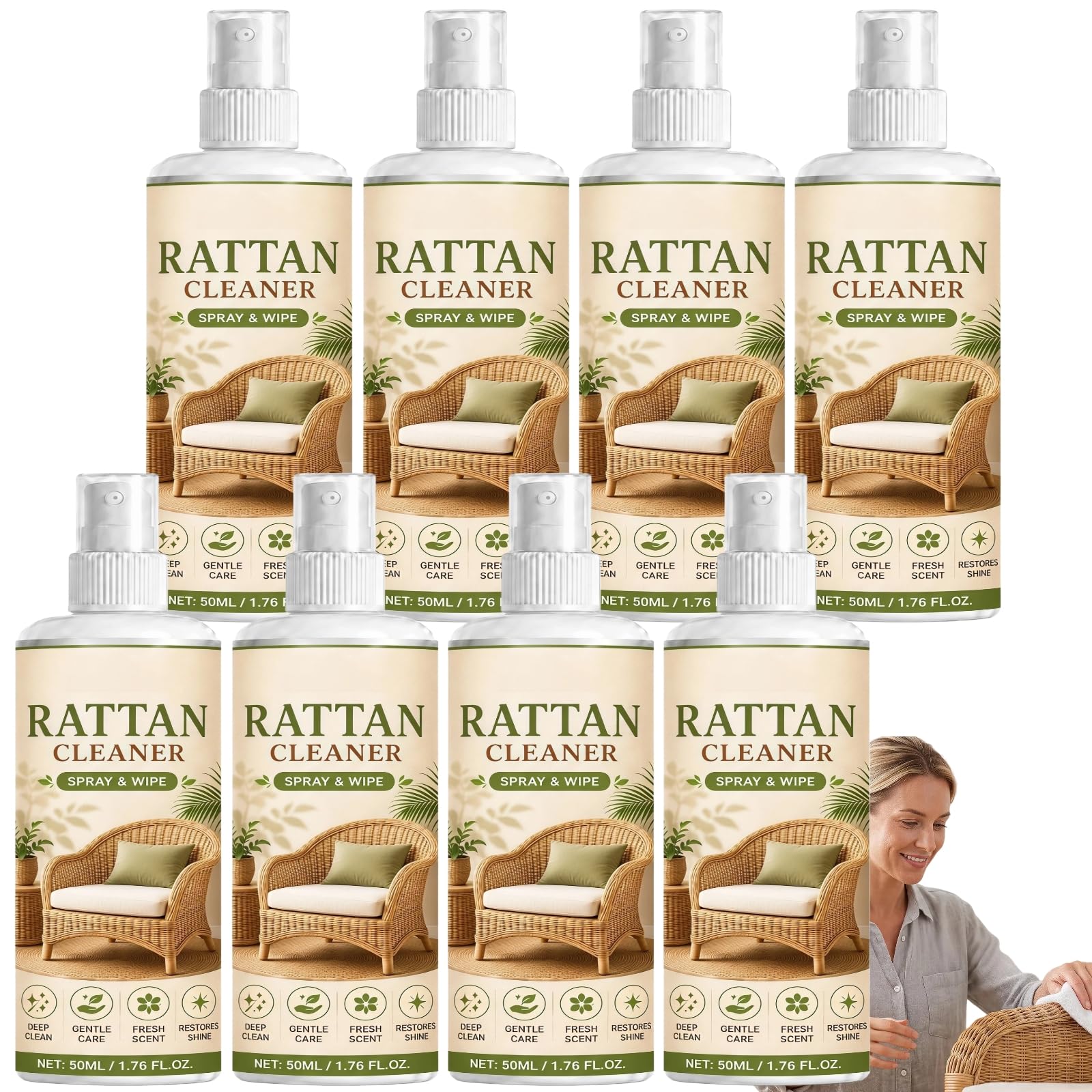 Kraftvolles Reinigungs- & Polierspray für Rattan, Tiefenreinigung für Rattanmöbel, Schnelles & schonendes Spray entfernt Staub von Rattan-Gartenstühlen, Schmutz & Flecken von geflochtenen (8pcs)
