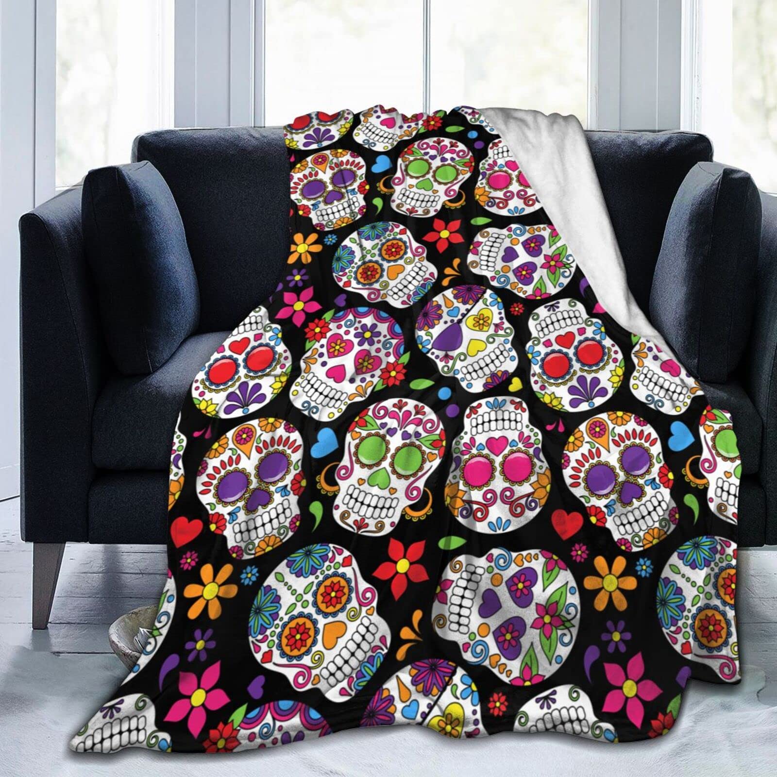 ASLIGI HOME STORE Sugar Skull Throw Bed Blanket Flannel Warm Lightweight Cozy Plush Blanket for Bedroom Living Rooms Sofa Couch 50''x40''