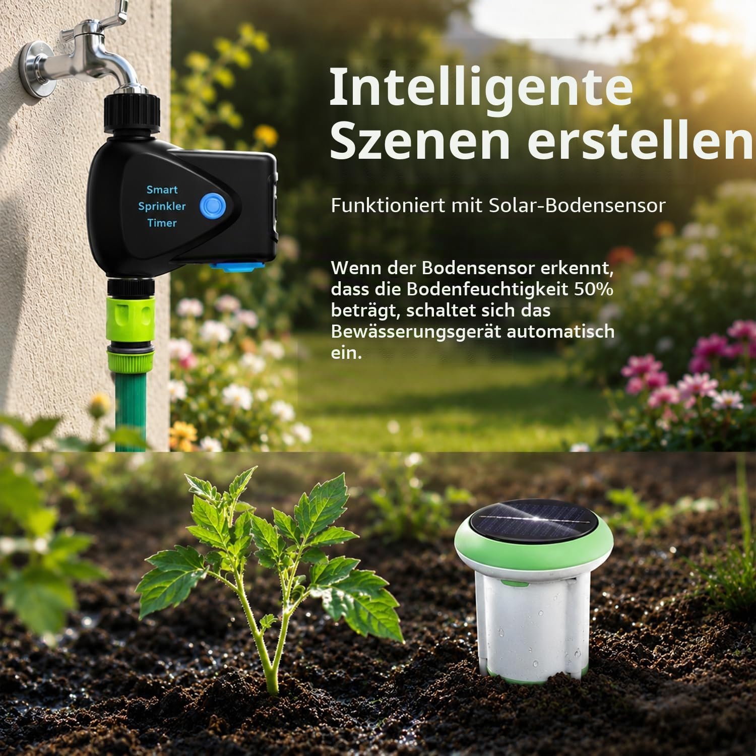 WLAN Bewässerungscomputer: Smart Bewässerungstimer mit Wasserverbrauchsmessung, App-Fernsteuerung, Regenverzögerung, Automatischer Gartenhahn-Timer für Balkon, Garten, Rasen