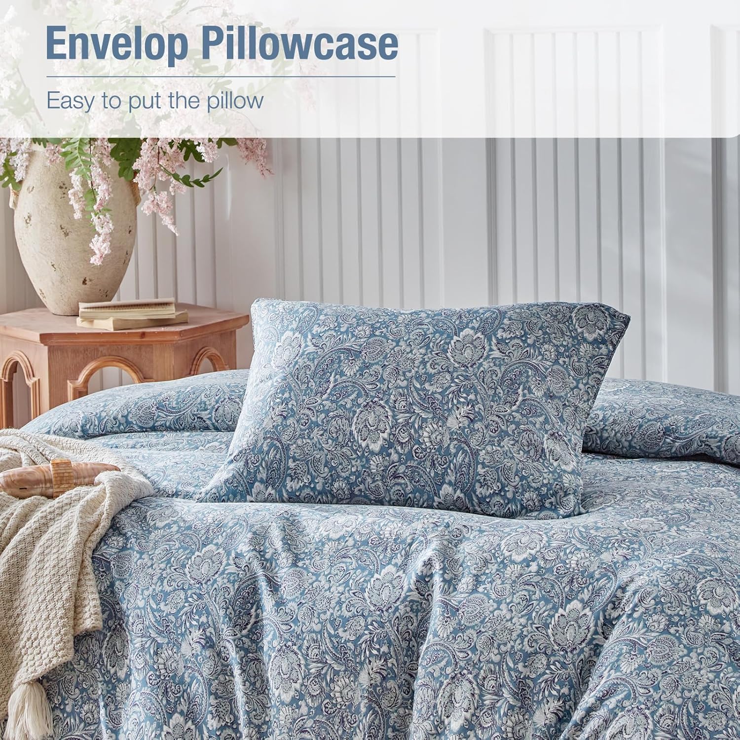 Lekesky Cotton Duvet Cover King Size - 100% Cotton Reversible Paisley Duvet Cover Set with Zipper & 8 Corner Ties, 3 Pieces Soft & Breathable Blue Bedding Set King Comforter Cover (King, 104"x90")