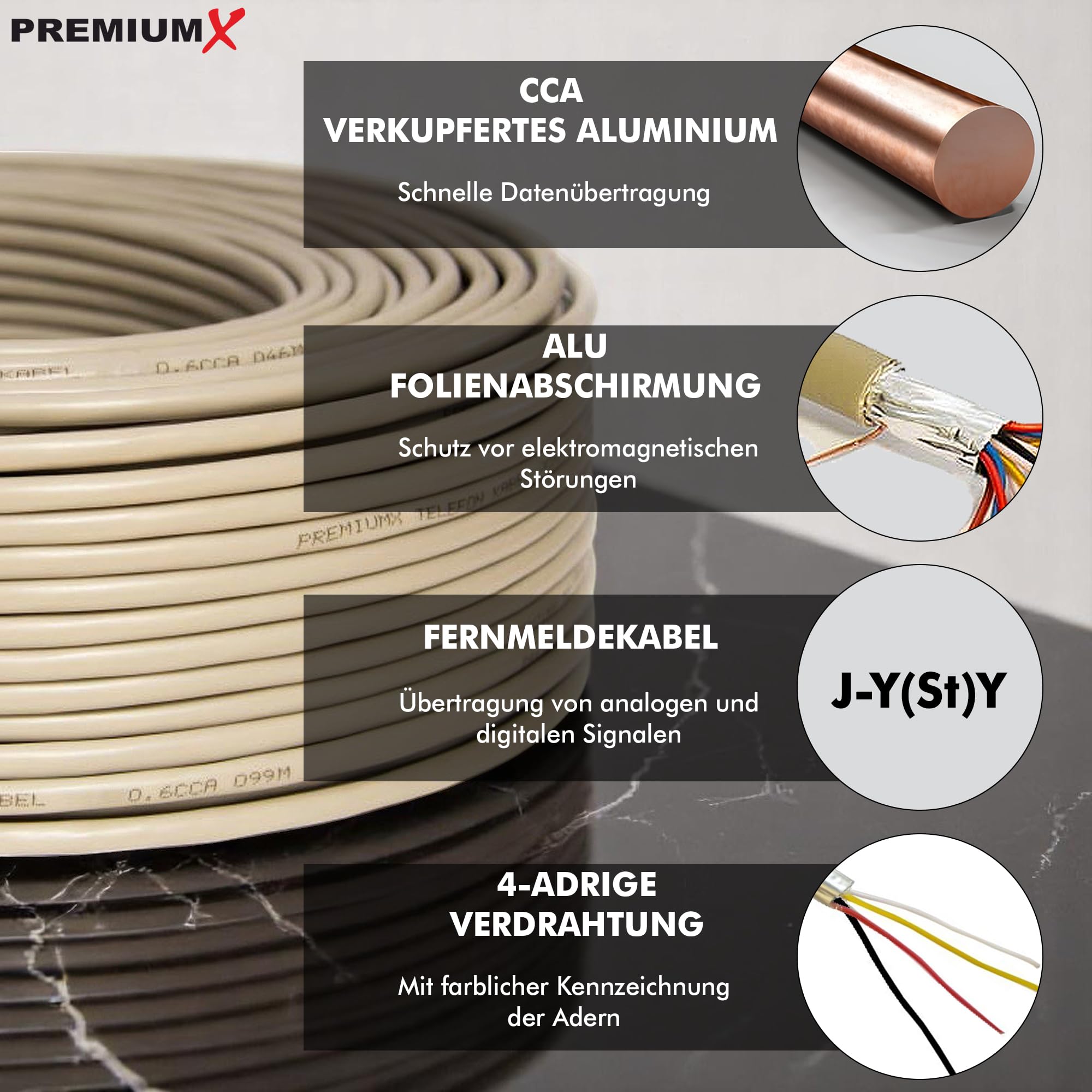 Premium X 100m Cable Telefónico 4 Conductores 2x2x0,6mm J-Y(ST) Y - Cable de Instalación, Línea Telefónica, Cable de Telecomunicación, Blindaje de Aluminio, Diseño CCA, para Interior/Exterior
