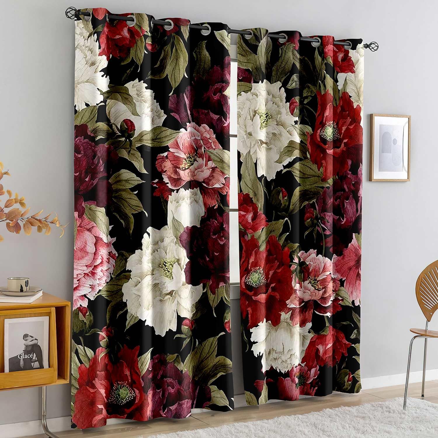 LUVIVIHOME Pink Red Black Burgundy Floral Curtains, Rustic Boho Floral Blackout Curtains for Living Room Bedroom, Shabby Chic Watercolor Peony Rose Vintage Flower Room Decor, 2 Panel Sets, 52x84 Inch
