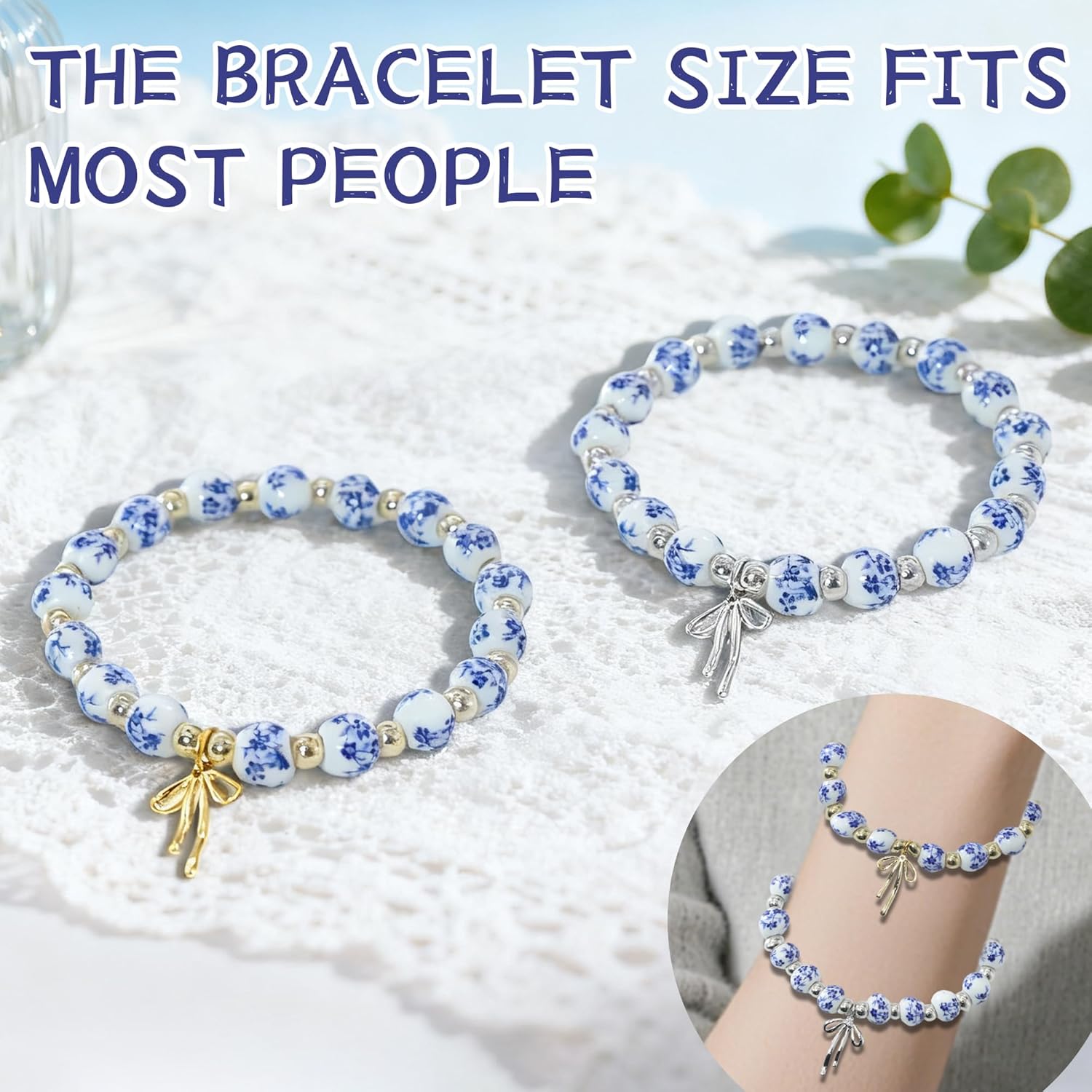 2Pcs Bow Charm Beaded Bracelets,Elegant Blue and White Beaded Bracelet for Women – Floral and Bow Design, Vintage Style Stretch Bracelet - Image 5