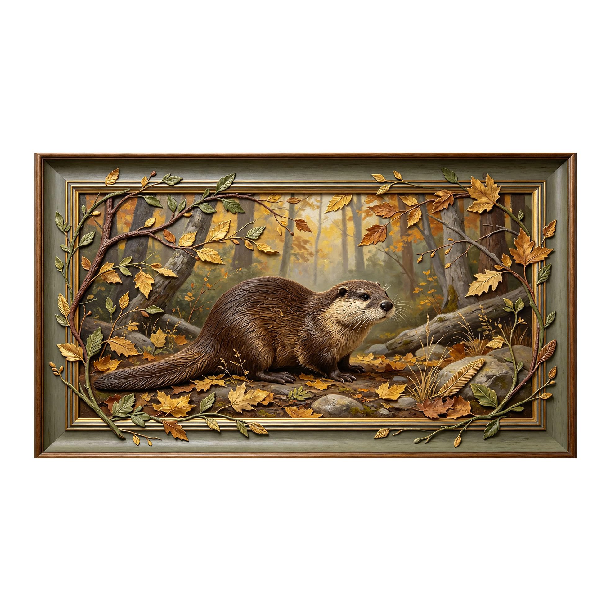 Yzpallescene 3D 3D Framed Wall Art 50cm×90cm Autumn Forest Otter Landscape Oil Painting Large Size SelfAdhesive Removable Wall Decor Prints Artwork for Living Room Bedroom Office
