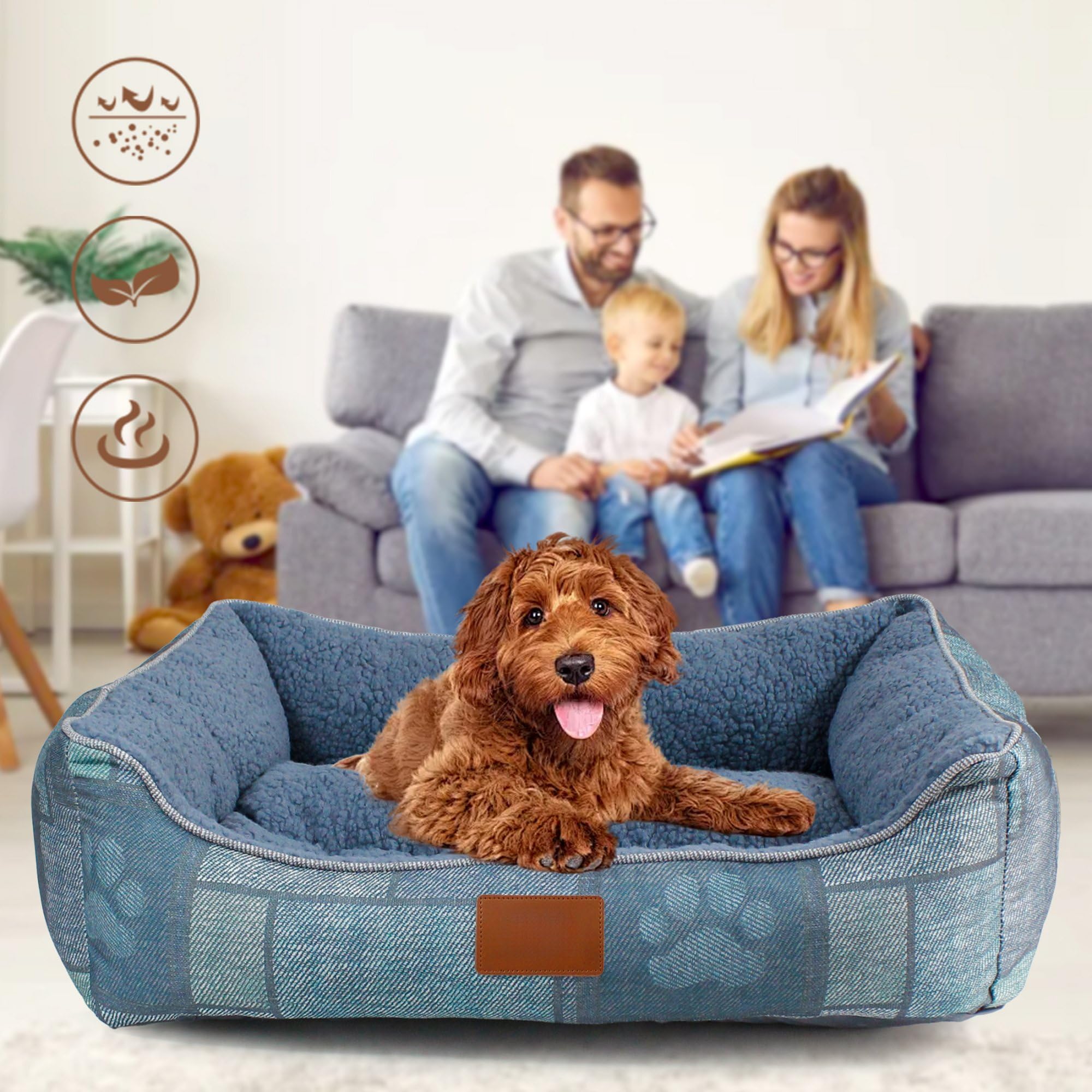 Cama para Perros Grande tacto al Lino Grueso y Forro Borrego Suave, Lavable a Máquina con Cojín Extraíble, Antideslizante, Transpirable, relleno de fibra huesca virgen, Cama para mascotas,65x50cm