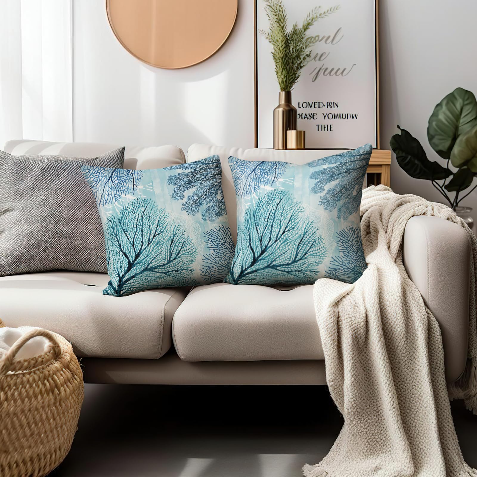 Blue Ocean Coral - Juego de 2 fundas de almohada de 16 x 16 pulgadas, fundas de almohada costeras náuticas para el hogar, dormitorio, sofá, decoración del coche