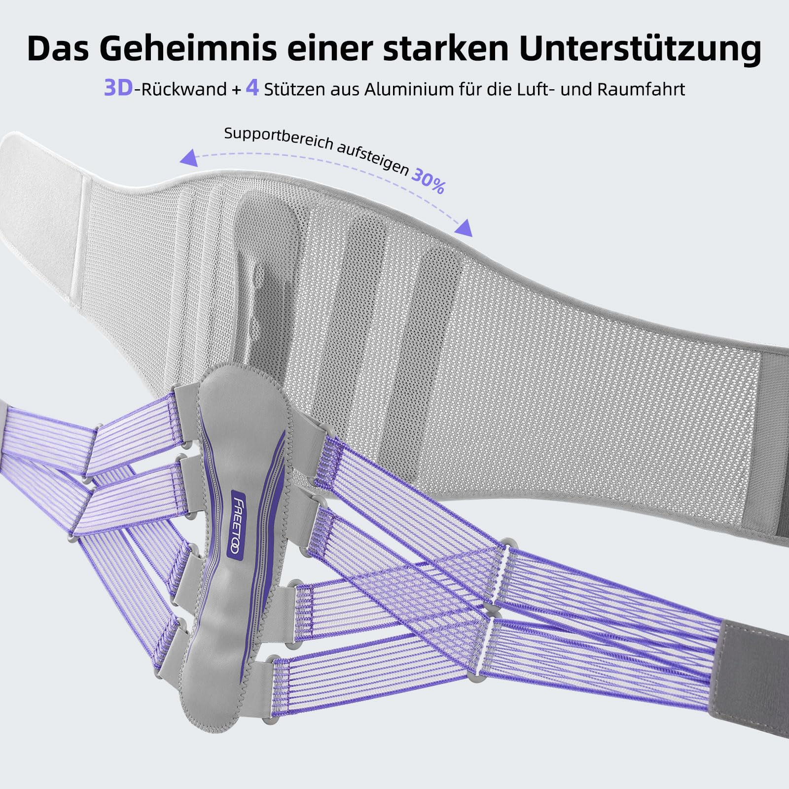 FREETOO Rückenstützgürtel 3D-Gestrick Ultra Atmungsaktiv Rückenbandage für Herren und Damen 5 Stützmodule zur Linderung von Rückenschmerzen Lila Stylischer Haltungskorrektor für urbane Schönheiten M