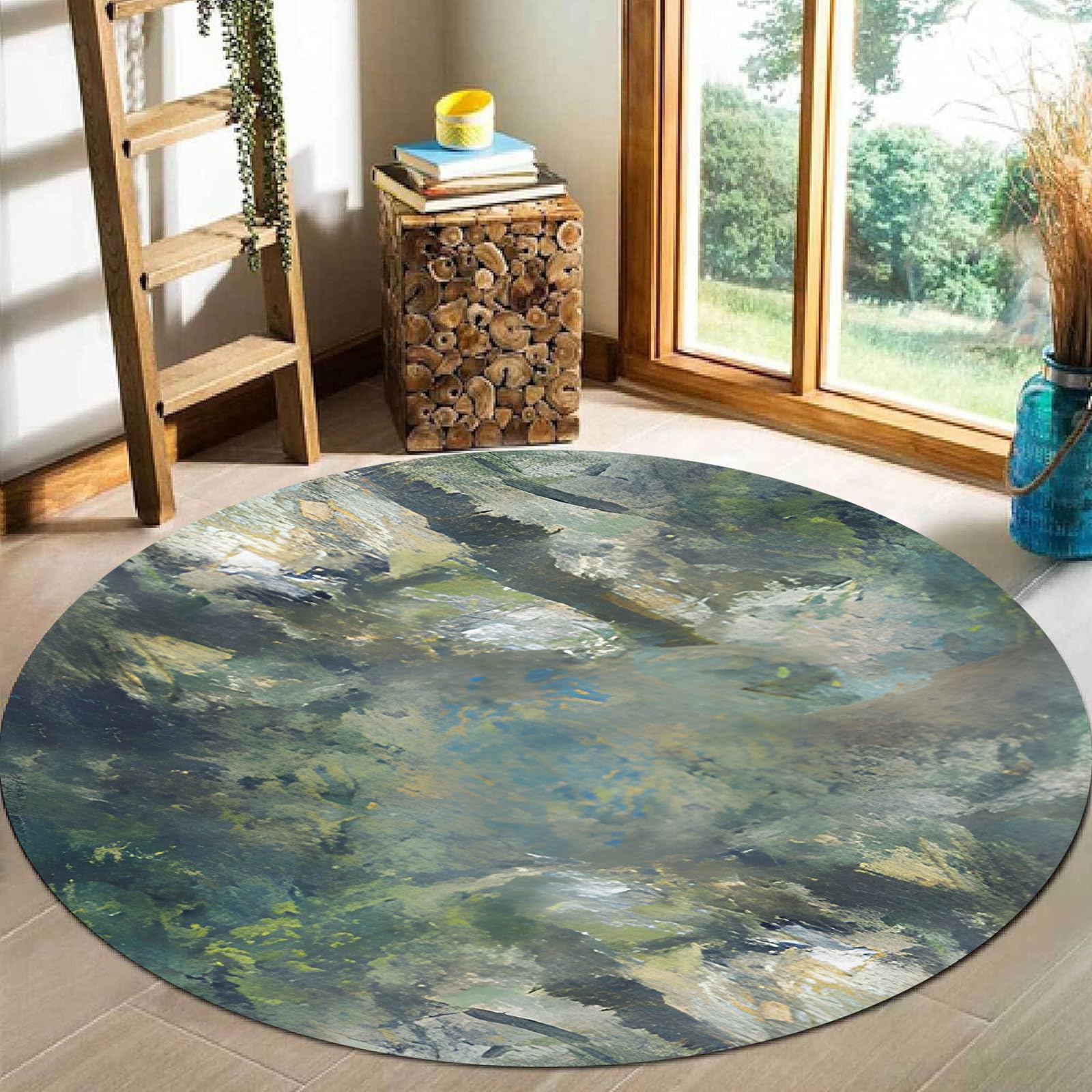 Tapis rond moderne multicolore au salon pour créer un coin lecture cosy