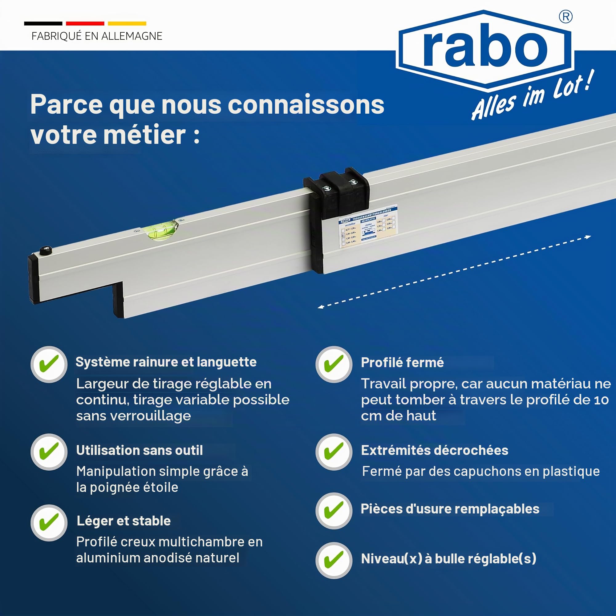 'rabo sec schüttung Leçon "Base 3 pièces, anodisé naturel, horizontallibellen réglable, 2 rails 2,00 m avec poignée encastrée, 1 outil de rattrapage Base réglable en continu 1,20–2,00 m