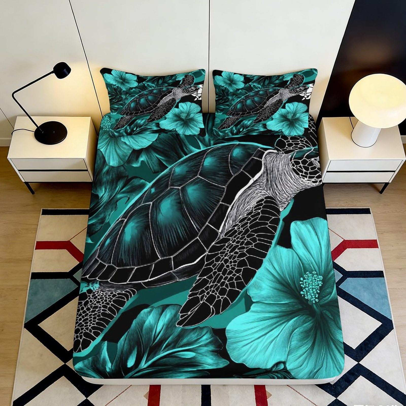 3D Printed Sea Turtle Fitted Sheet Microfiber Soft Breathable Tropical Floral Mattress Cover for Bedroom Decor 90x200x25cm