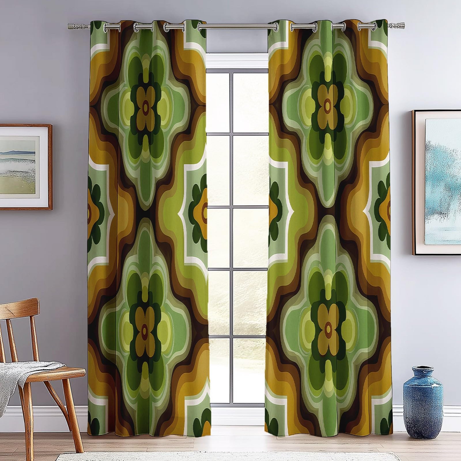 Décoration Géométrique Rétro, Rideaux Longs 140L X 260H cm (2 Panneaux), Tissu Occultant Thermique pour Baie Vitrée, Vert Marron