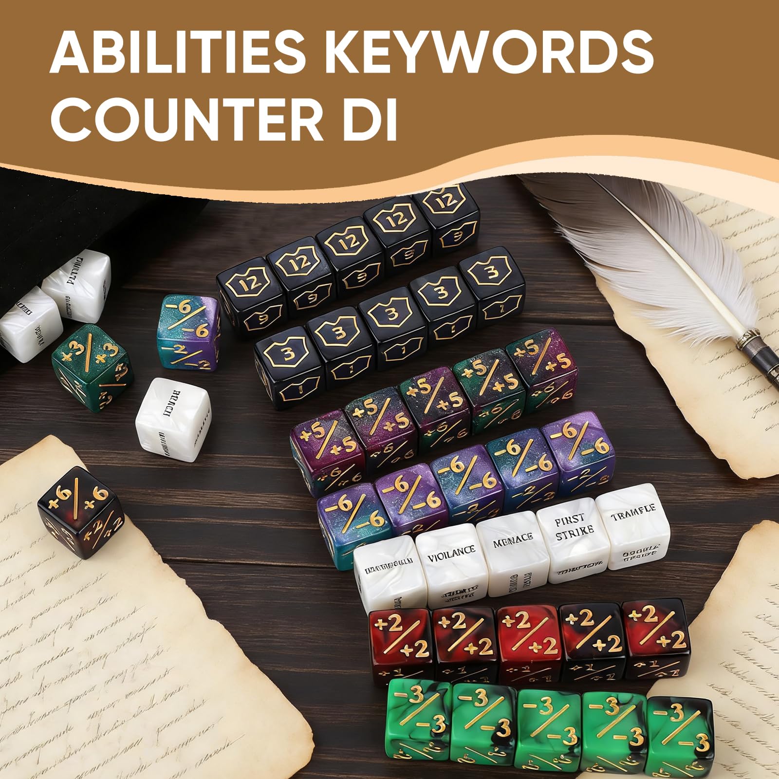 MTG Dice Counters 60 Pack, 16 mm D6 Keyword Ability Dice & +1-1 Buff Counters - Image 3