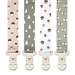 Stadela Baby Pacifier Clip Holder - Girl or Boy Unisex 4 Pack Gift Set - Woodland Mushrooms Bees Neutral Green Beige (Forest)