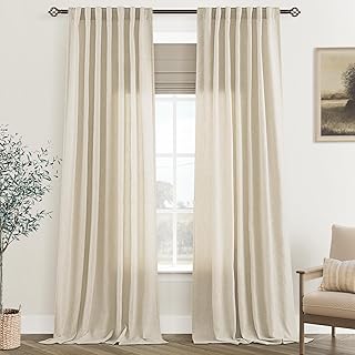 Jolilight Faux Linen Beige Curtains 108 inches Long for Living Room Rustic Farmhouse Linen Drapes Semi Sheer Burlap Textured Canvas Cloth Curtain Panels Set of 2 Kahki Tan Colored