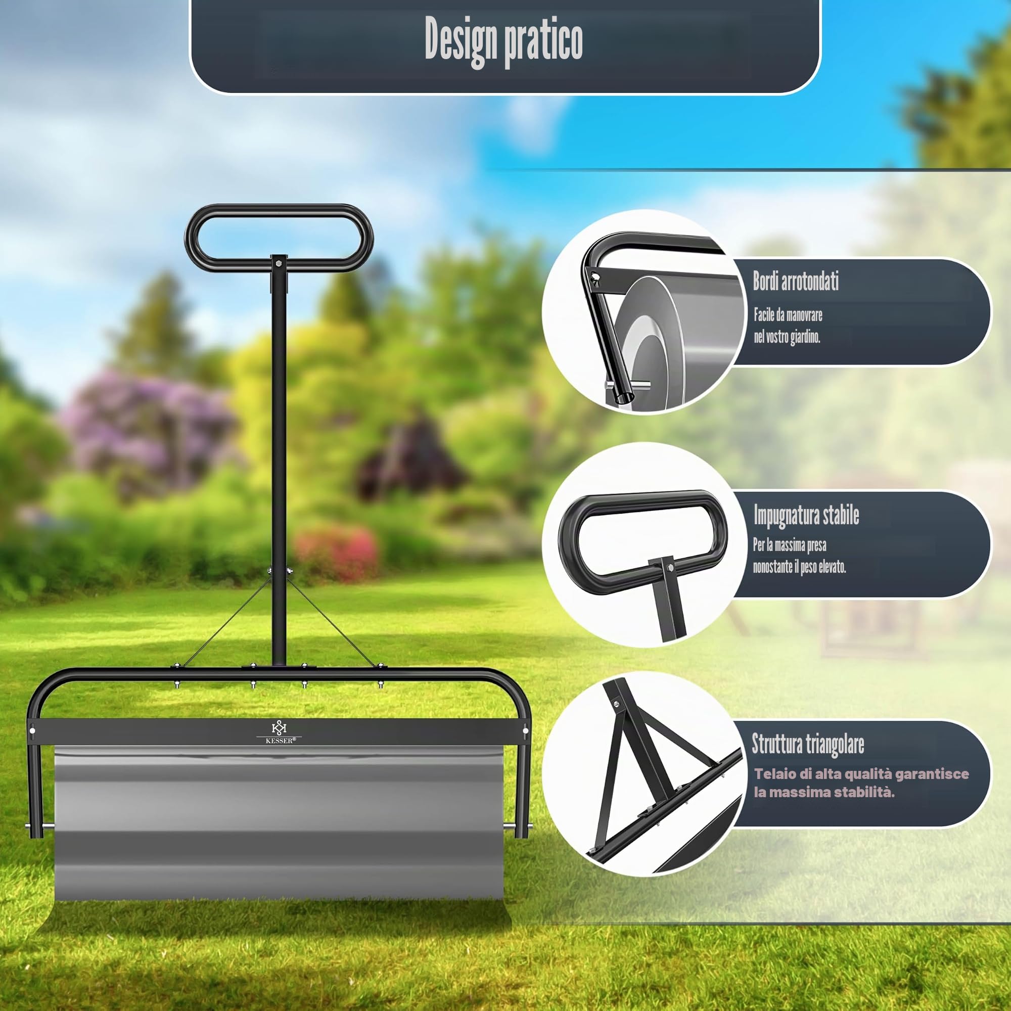 KESSER® Rullo per prato in metallo riempibile con acqua o sabbia, con 63 litri di volume e 99 cm di larghezza, rullo da giardino con guanti, rullo manuale per prato, rullo per prato, rullo da