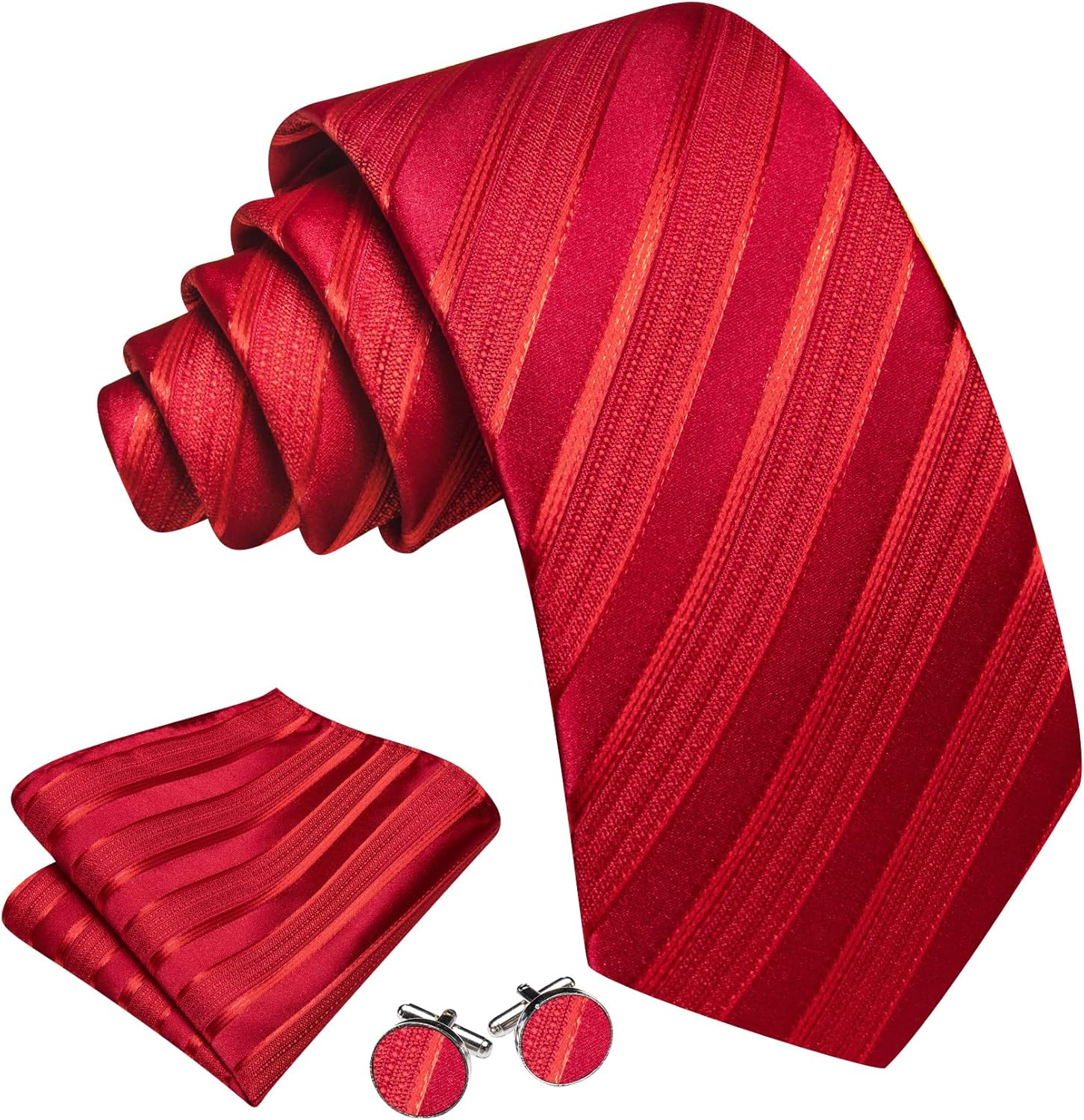 Barry.Wang Tie Sets for Men Silk Stripe Necktie Woven Checkered Handkerchief Cufflinks Formal Business Wedding - Image 2