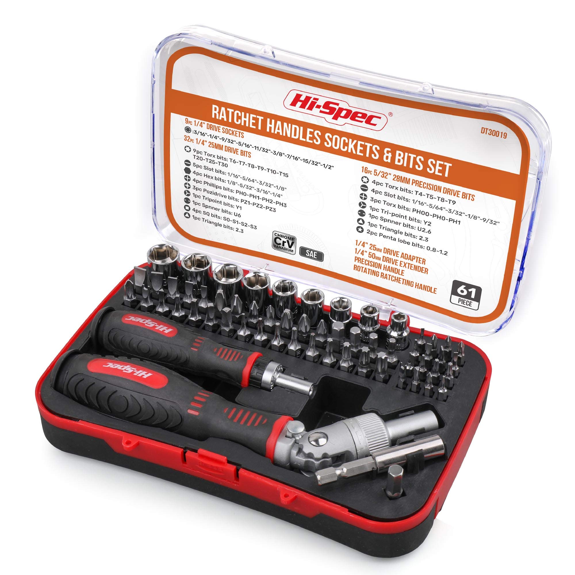 Hi-Spec61pc 1/4” Hex Driver Bits & Socket Set with Right Angle Ratchet Handle. Easy Repairs with Torx & Small Precision Multibits. Screwdriver Bit Set in a Storage Case