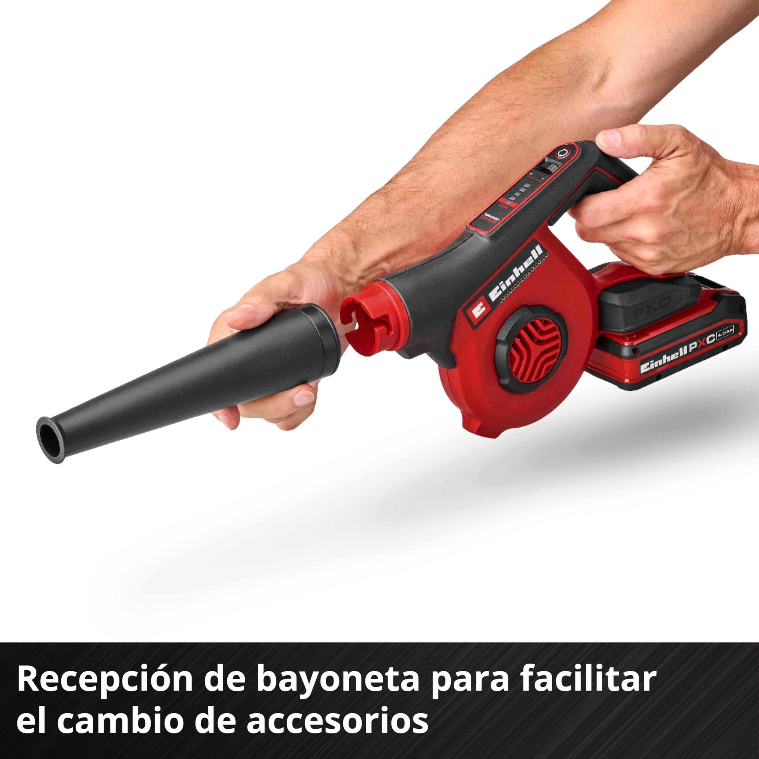 Einhell soplador con batería TE-CB 18/270 Li-Solo Power X-Change (18 V, máx. Velocidad del Aire 270 km/h, 5 Niveles, Incl. prolongación, Boquilla estándar, Plana y para taladros, sin batería)