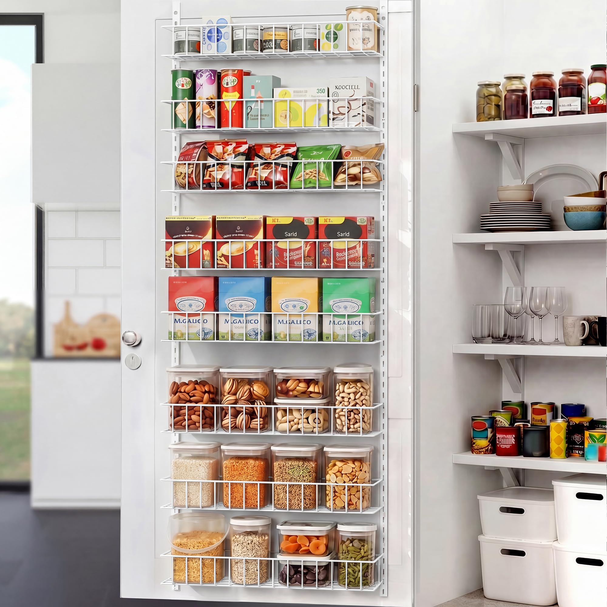 ElegantArray 8-Tier Pantry Door Organizer, Hanging Storage Basket, White