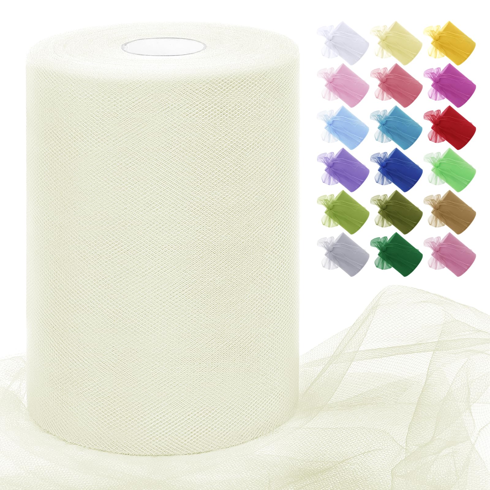 Uiopa Cream White Tulle Fabric Roll 15cm x 91m Polyester Netting Fabric Mesh Tulle Ribbon for Tutu Skirts, Gift Wrapping, Birthday/Party/Wedding Decoration, DIY Projects