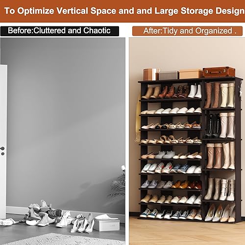 Miniatura 7 de HOMEFORT Zapatero de 10 niveles, 50 pares de estantes grandes para zapatos, torre de zapatos de 61.8 pulgadas de alto, organizador de zapatos