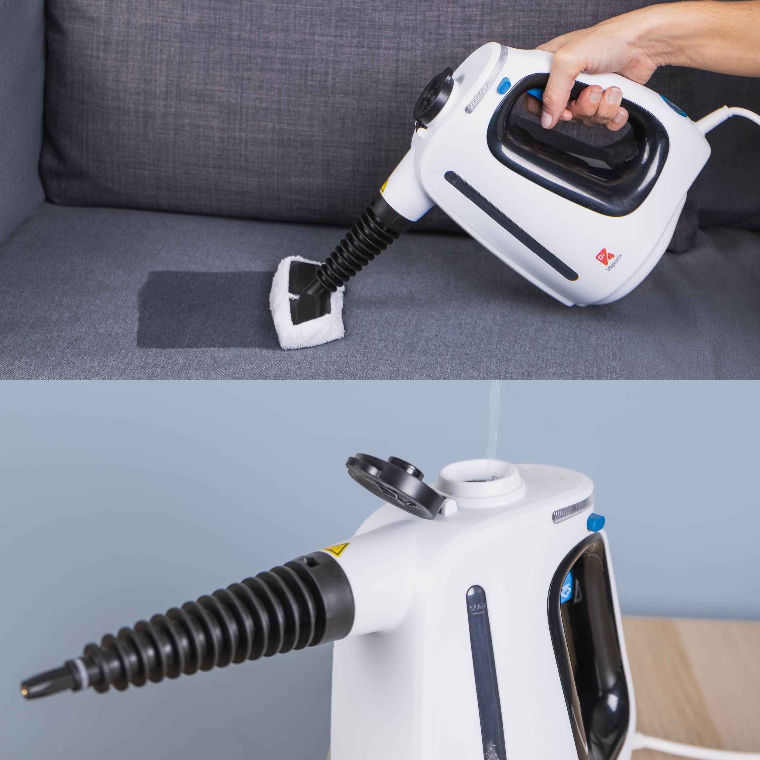 Di4 Vaporix Pulitore a Vapore Manuale 1350W, Vapore Continuo 32 g/min, Riscaldamento 30s, 16 min di Vapore, Serbatoio 550 ml, Pulitore a Vapore Multifunzione 9 Accessori, Tubo 3 m