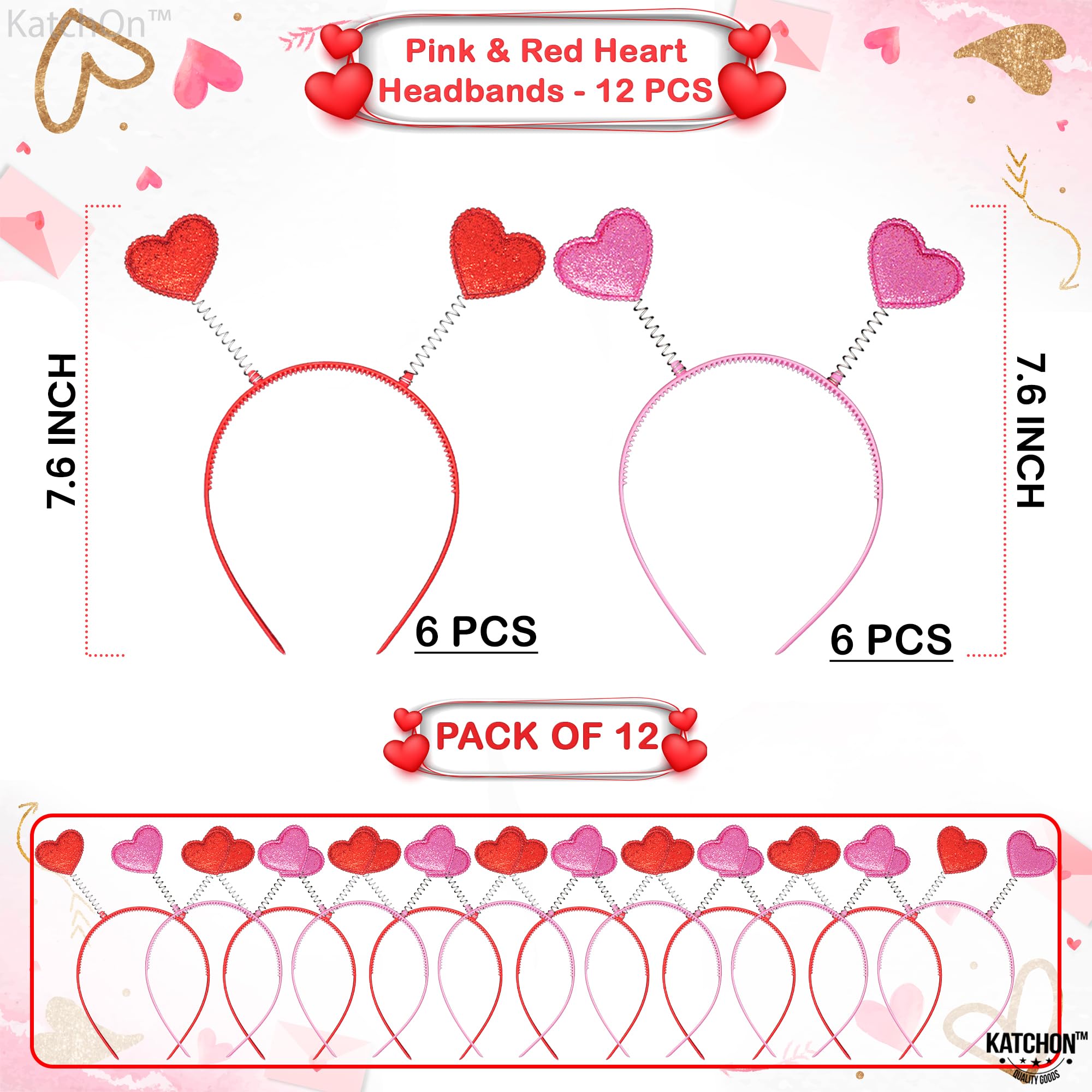 KatchOn, Glitter Pink and Red Heart HeadBand - Pack of 12 | Valentines Day Heart Head Boppers for Valentines Day Decor | Heart Antenna Headband, Valentines Headband | Valentines Party Decorations