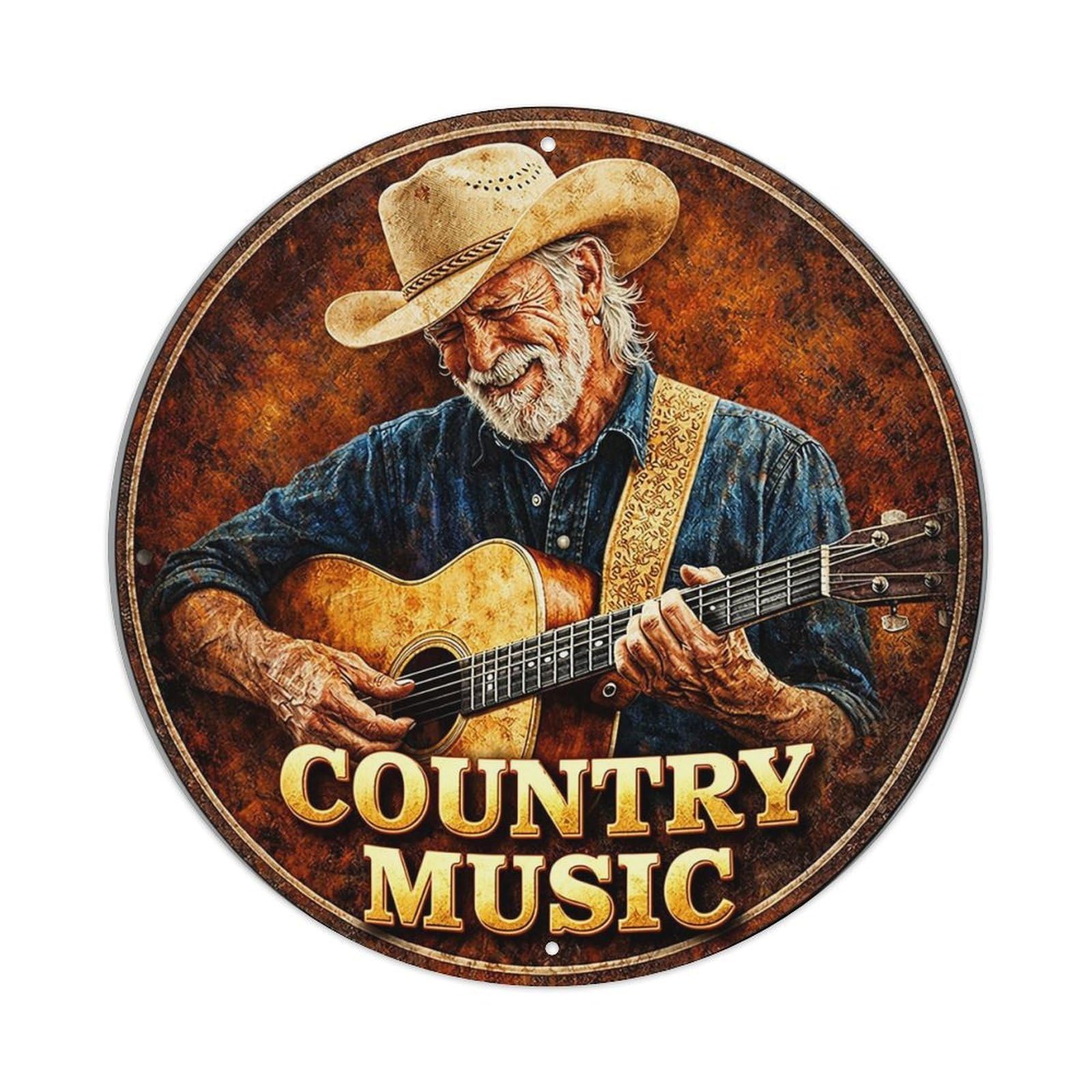 Jdyaojiesheng Vintage Country Music Cowboy Guitar Player Round Tin Sign Retro Metal Wall Decor Metal Poster, Home Bar Garage Farmhouse Cafe Wall Art Decoration 8X8inch