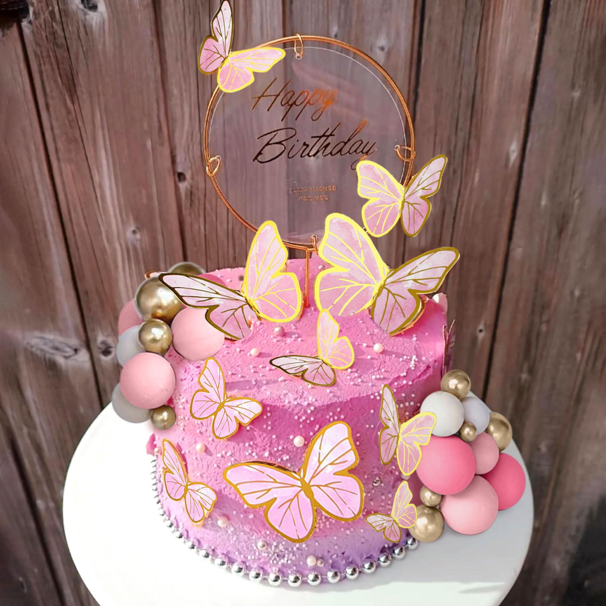 47PCS Pink Butterfly Cake Decorations With Purple Pink Gold Balls Cake Toppers for Baby Shower Wedding Birthday Bridal Shower Party Decor