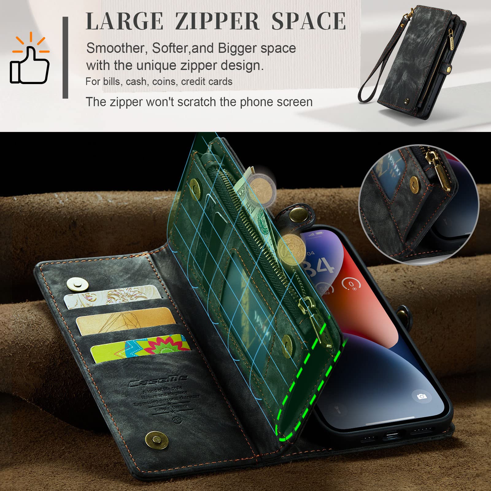 UFinetech Case for iPhone 14, Shockproof Card Holder Leather Wallet Cover for iPhone 14 - Image 4