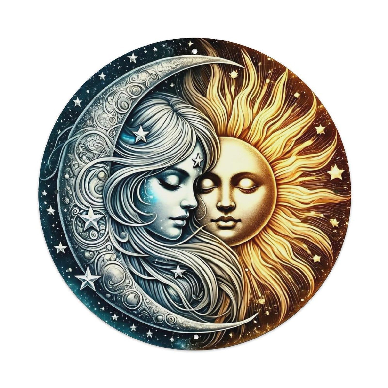 Sun And Moon Face Art Retro Metal Tin Sign, Vintage Metal Poster for home, Gaming Room, Studio Workshop,Bar,Garage Wall Art Decor 8x8 inch