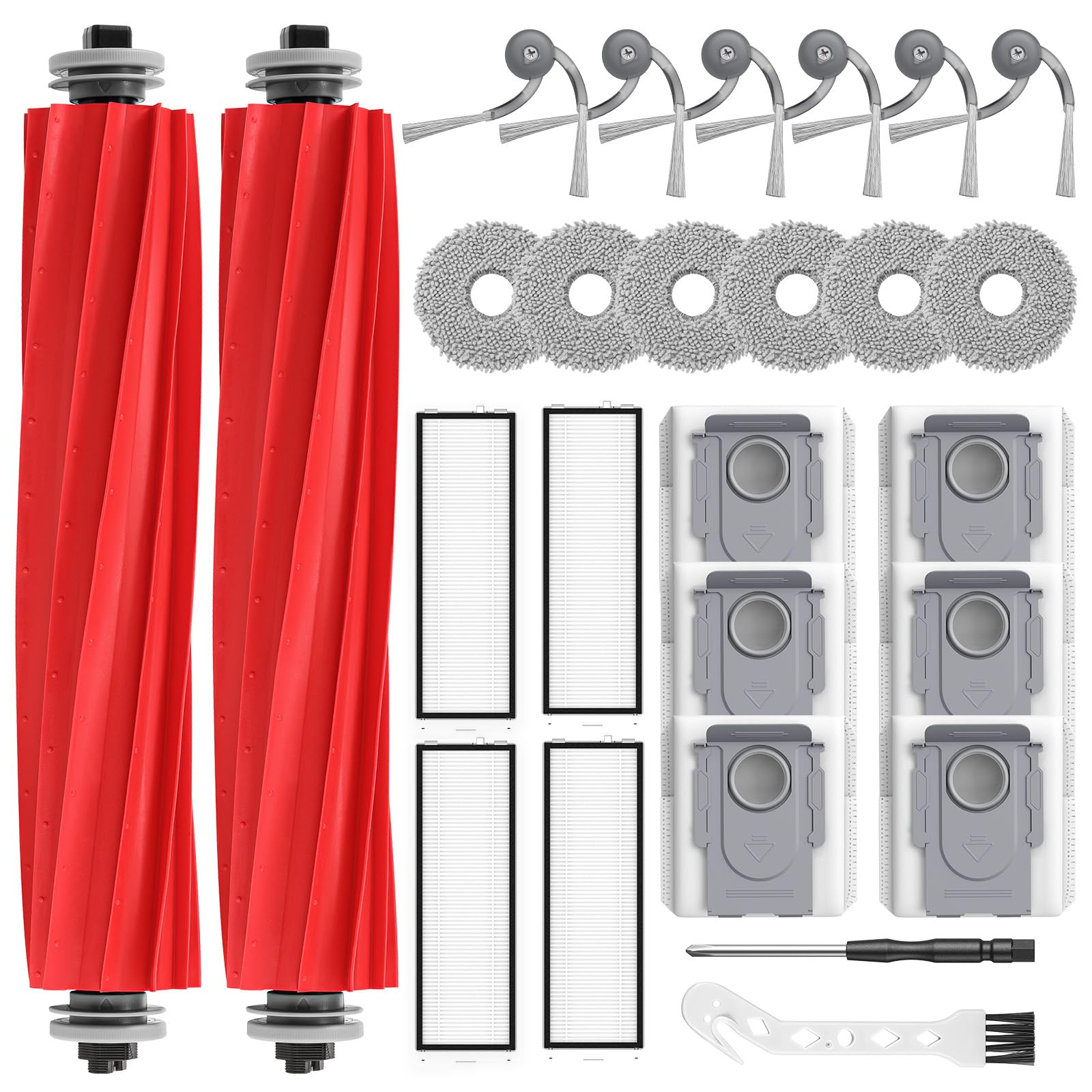 isinlive 26PCS QV 35A Accessories, QV 35S Replacement Kit for Roborock QV 35S/QV 35A/QR 598/QR 798 Robot Vacuum Cleaner, 2*Main Brush, 6*Side Brush, 4*Hepa Filters, 6*Mop Pads, 6*Dust Bag, 2*Tools