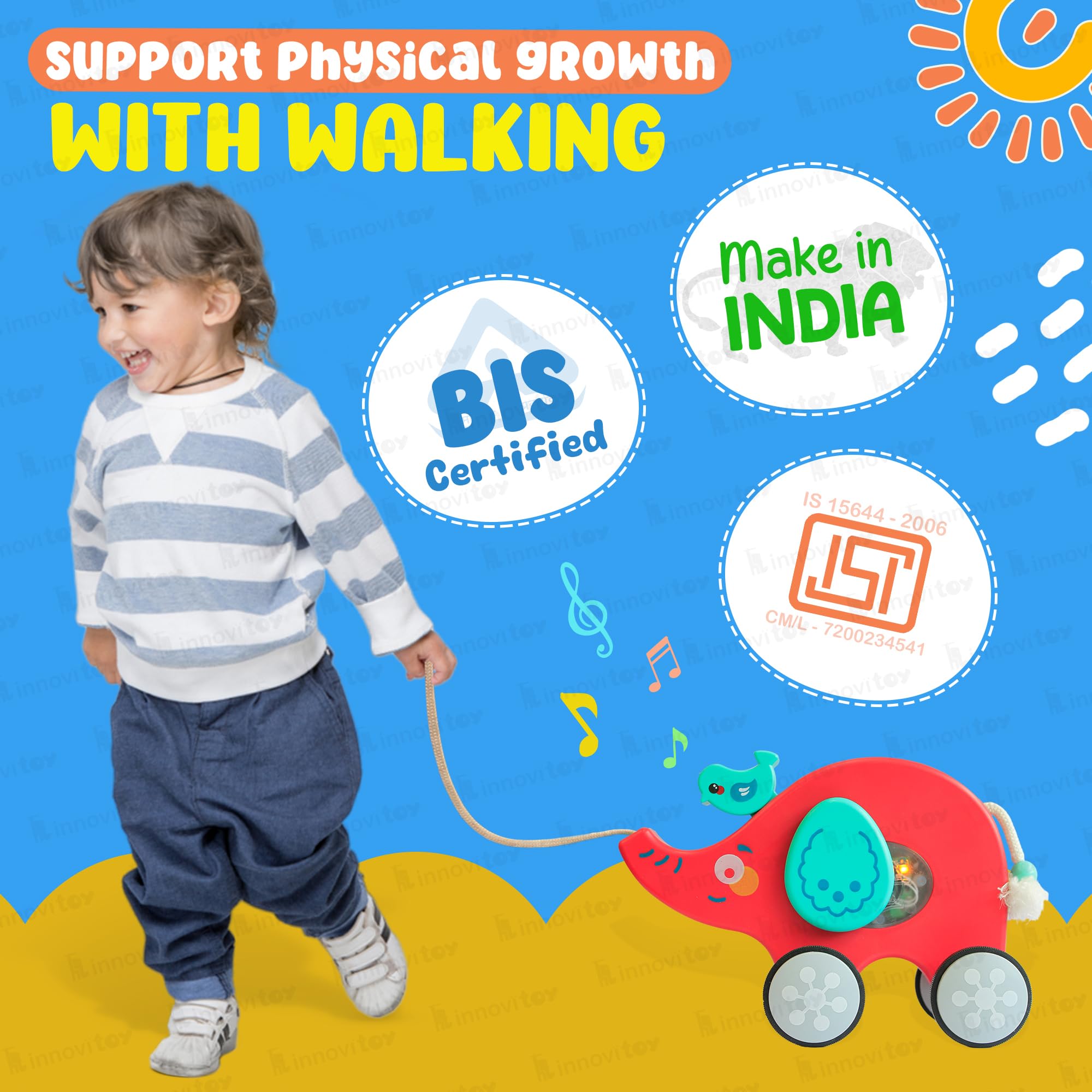 innovitoy Pull Along Elephant Baby Toys 6-12 Months | String Attached Bouncy Motion Toy Encourages Walking | Toy with Music, Light, Rope | BPA Free Toddler Toys Gift Set - Made in India (Red) 4