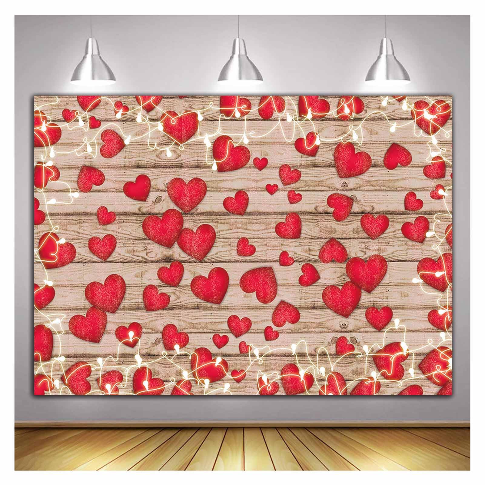 Vintage Rustic Wood Glitter Glow Red Love Heart Valentine's Day Theme Photography Backdrop Wedding Anniversary Bridal Shower Mother's Day Photo
