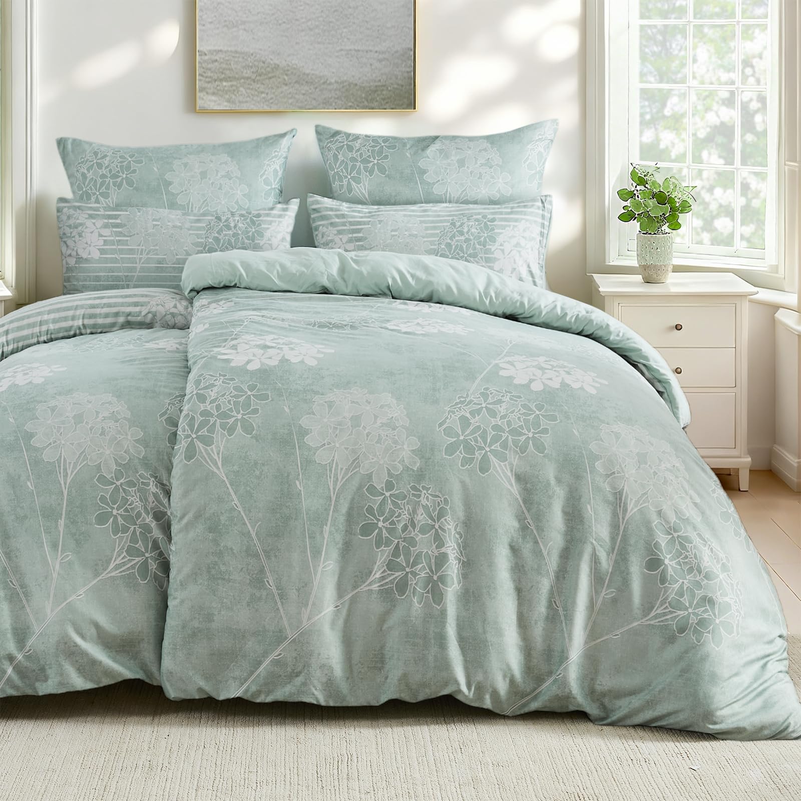 Qucover Bettwäsche155x220 3teilig Blumen Bettbezug Bettwäsche Sets mit 2 Kissenbezüge 80x80cm, Mikrofaser Bettwäsche Aesthetic mit Reißverschluss, Bettbezug Landhausstil mit Blätter Blumen Pflanzen