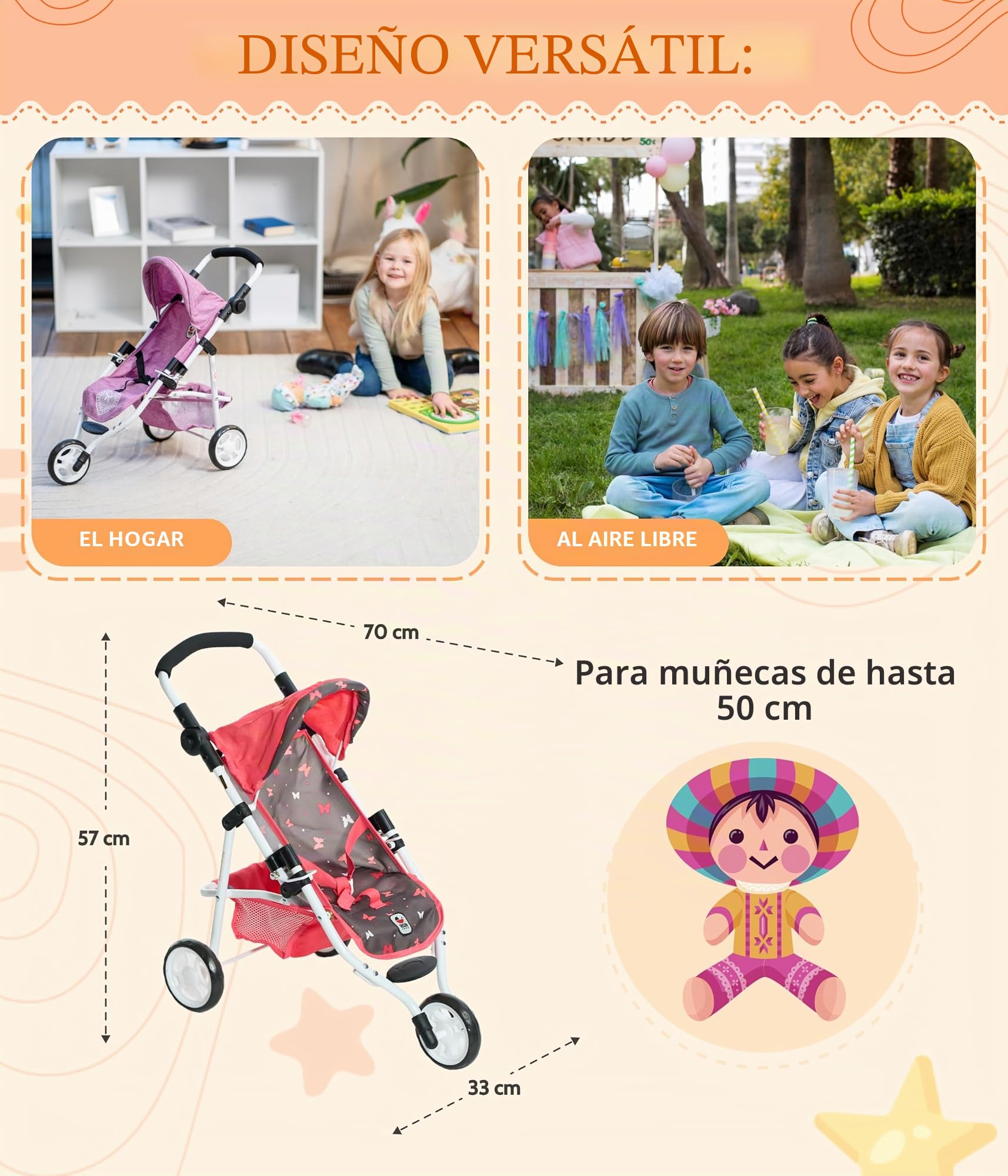 Bayer Chic 2000 Cochecito de Muñecas Lola | Silla de Paseo de Juguete | Silla de paseo de juguete con manillar regulable y cinturón. Un cochecito de muñecas muy estable, robusto y seguro.