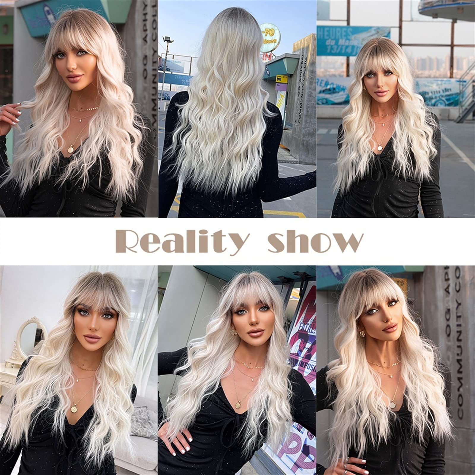 Realistyczne peruki 26 "długie platynowe fale peruka syntetyczna dla białych kobiet ombre jasny blond peruki z grzywką naturalne włókna wysokotemperaturowe na codzienny cosplay Fryzura damska